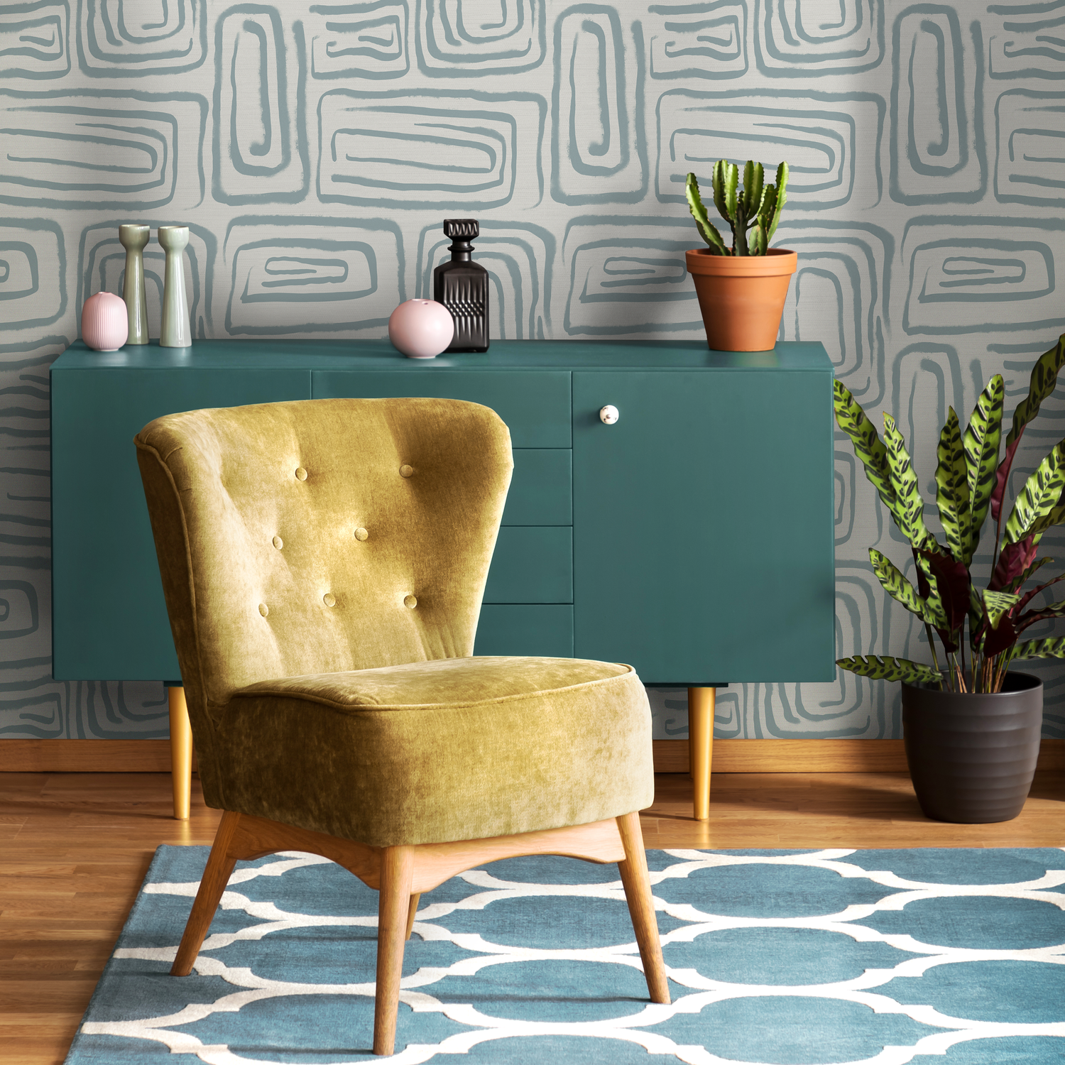 Abstract Wallpaper with a Brushstroke Motif in Light Blue and Grey - C642
