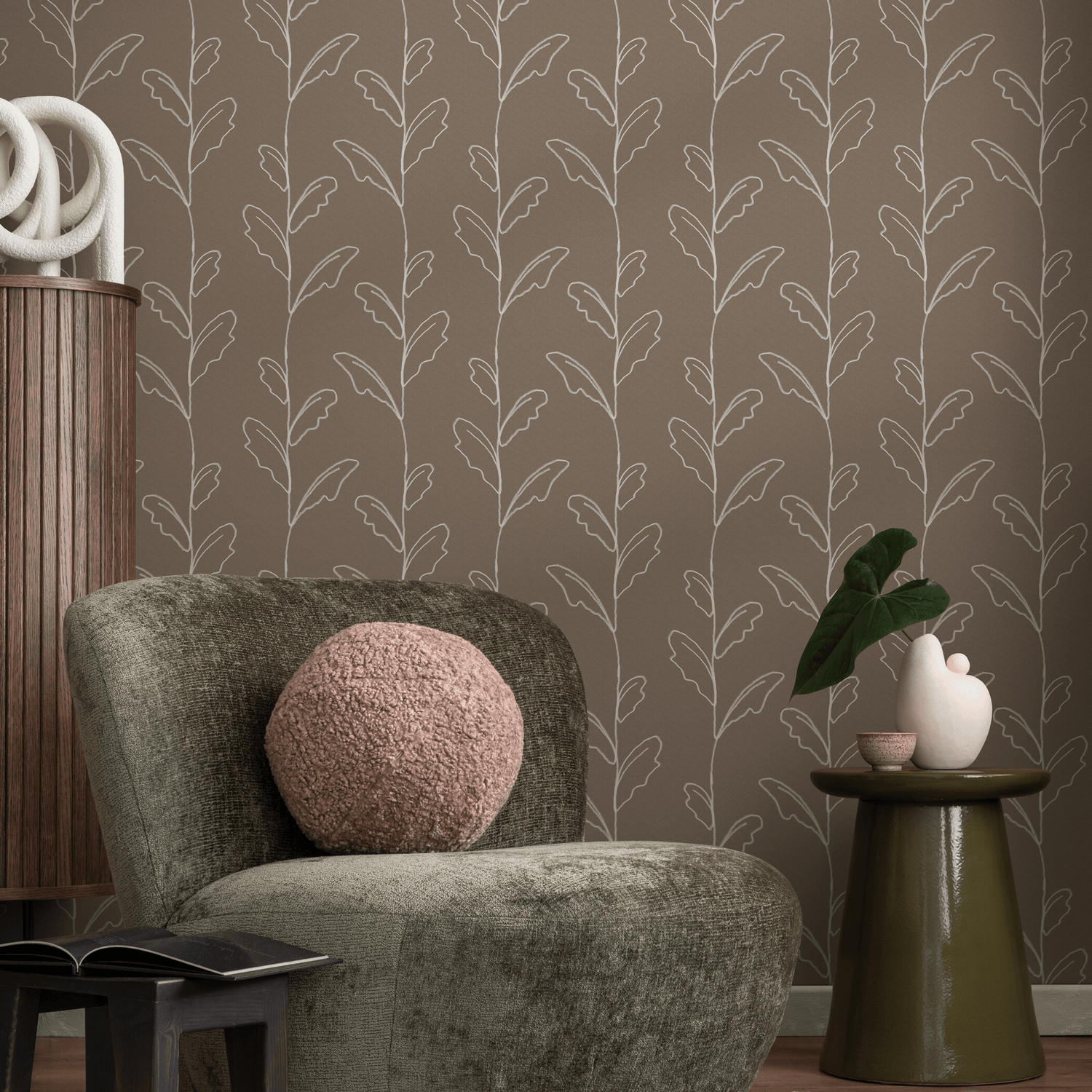 Botanical Wallpaper with Sketched Leaf Vines in Beige and White - C643