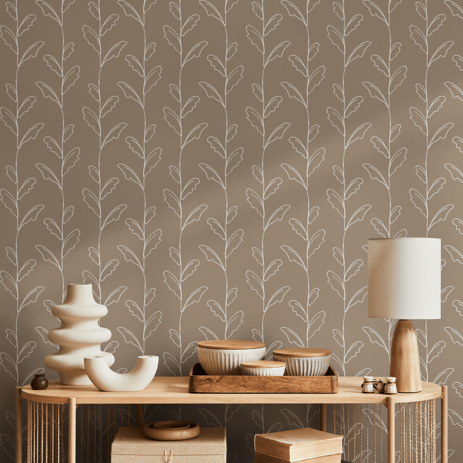 Botanical Wallpaper with Sketched Leaf Vines in Beige and White - C643