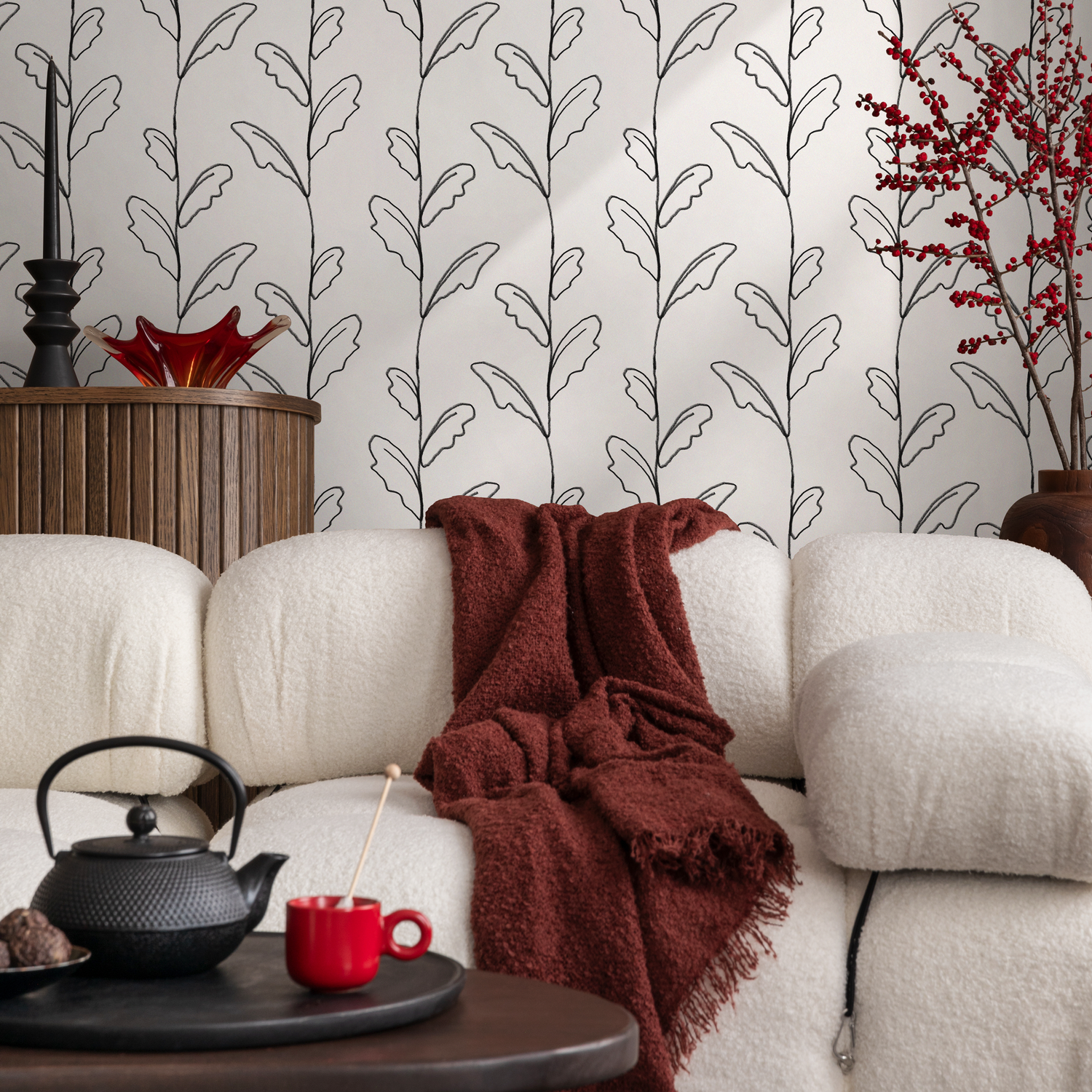 Botanical Wallpaper with a Minimalist Vine Motif in Black and White - C644