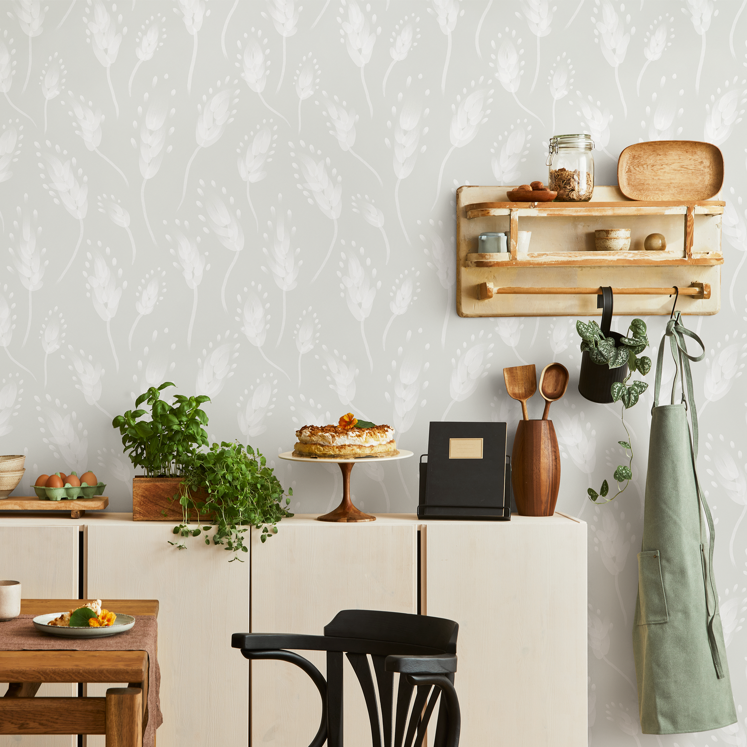 Botanical Wallpaper with a Soft Wheat Motif in Mint Green and White - C651