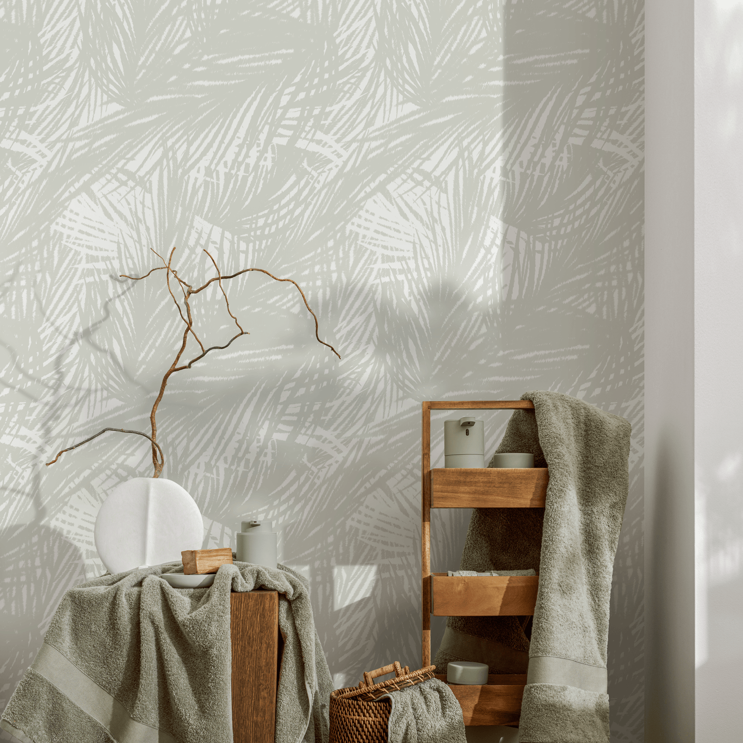 Tropical Wallpaper with Sketched Palm Fronds in Light Gray and Cream - C654