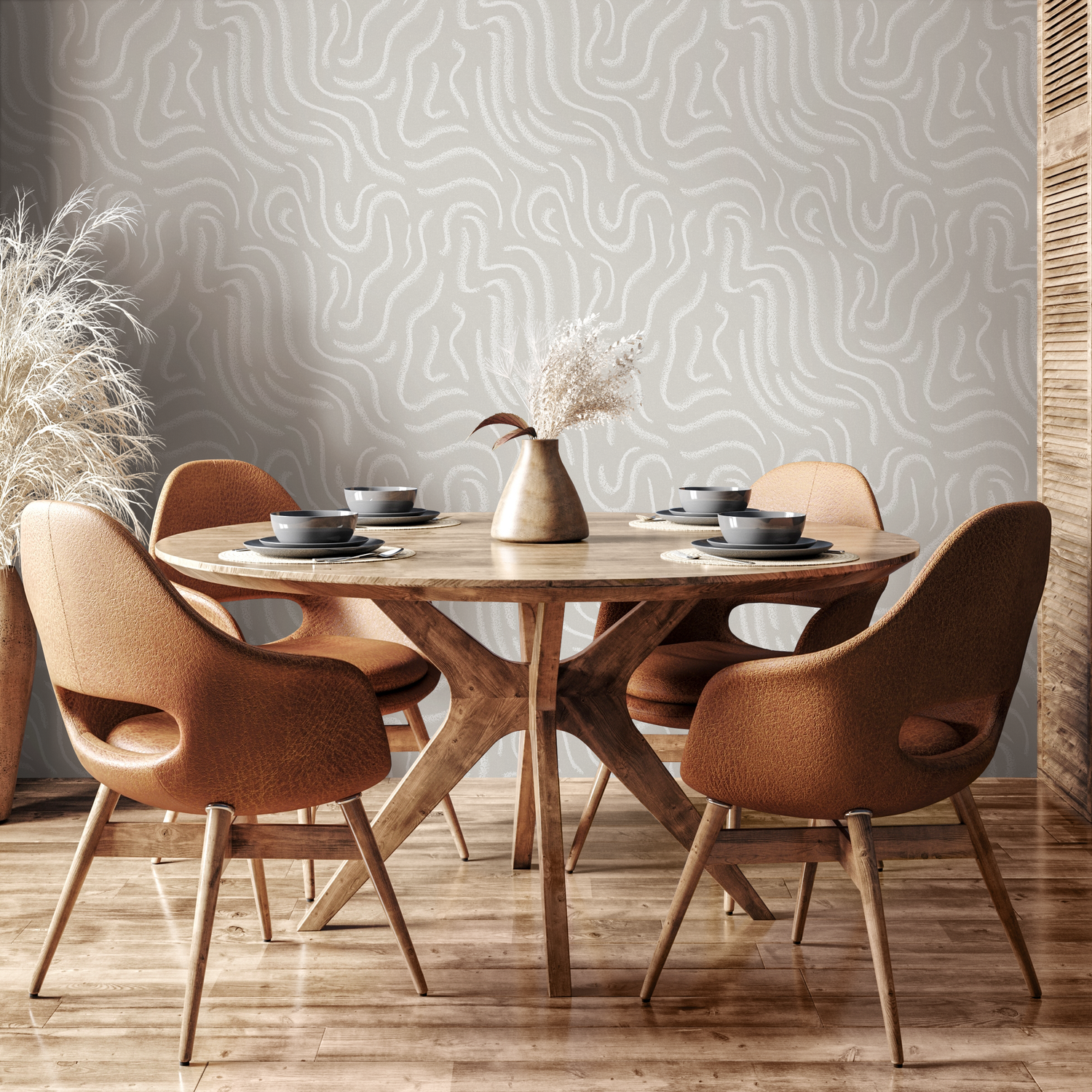 Abstract Wallpaper with Wavy Textured Lines in Soft Grey and White - C658