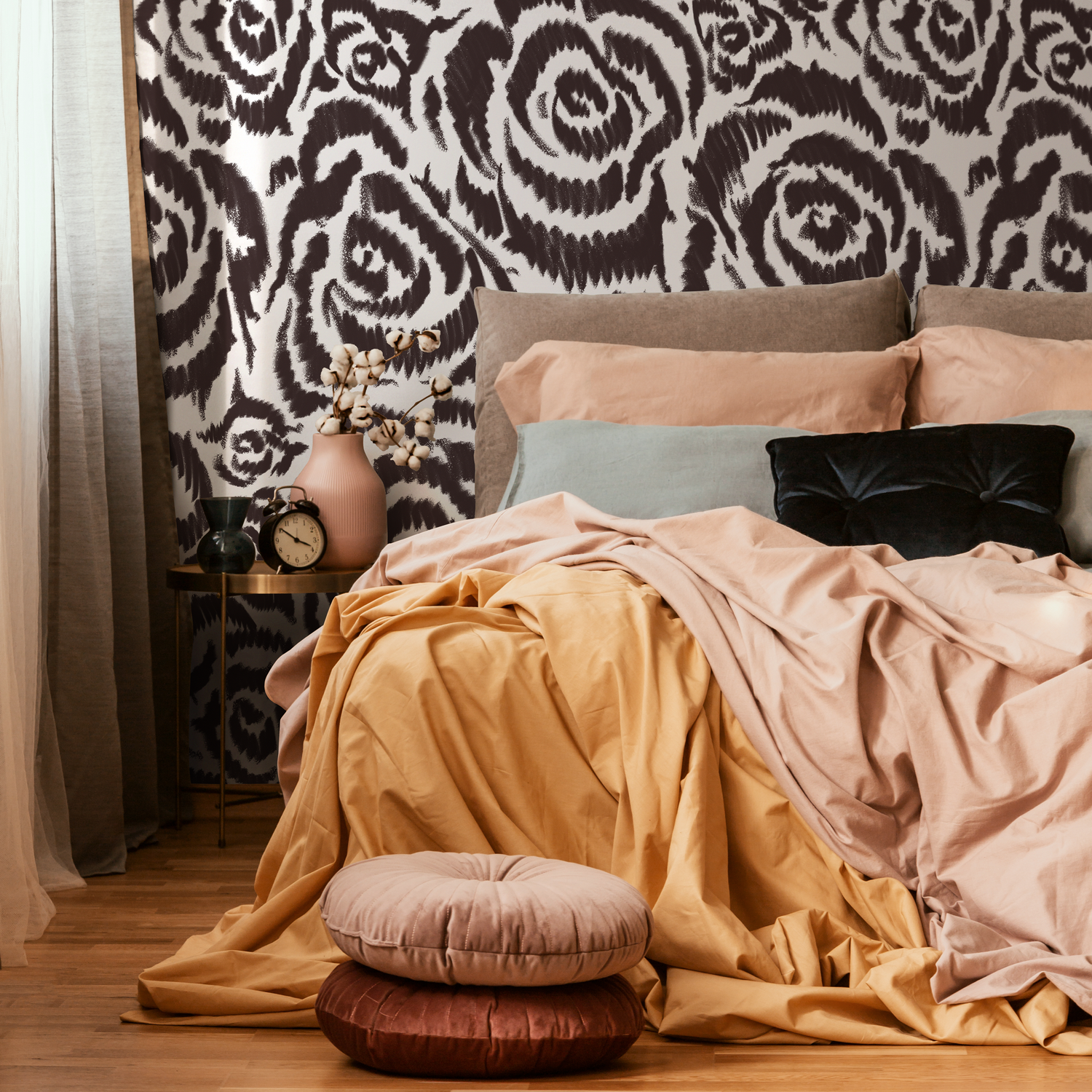 Papel pintado Art Nouveau con pétalos marrones y blancos / Papel pintado autoadhesivo / Papel pintado removible / Decoración del hogar / Arte de pared / Decoración de habitaciones - C660