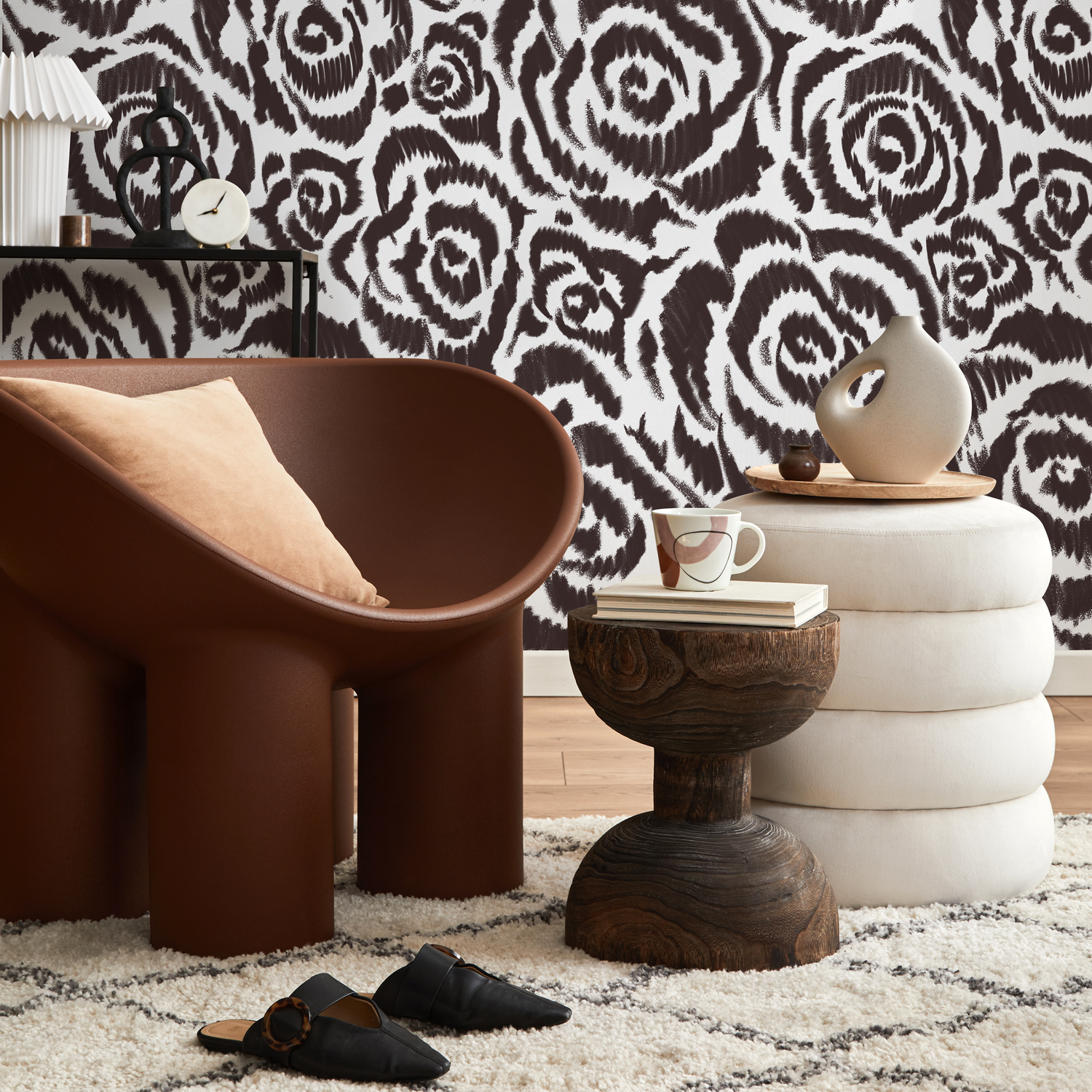 Papel pintado Art Nouveau con pétalos marrones y blancos / Papel pintado autoadhesivo / Papel pintado removible / Decoración del hogar / Arte de pared / Decoración de habitaciones - C660