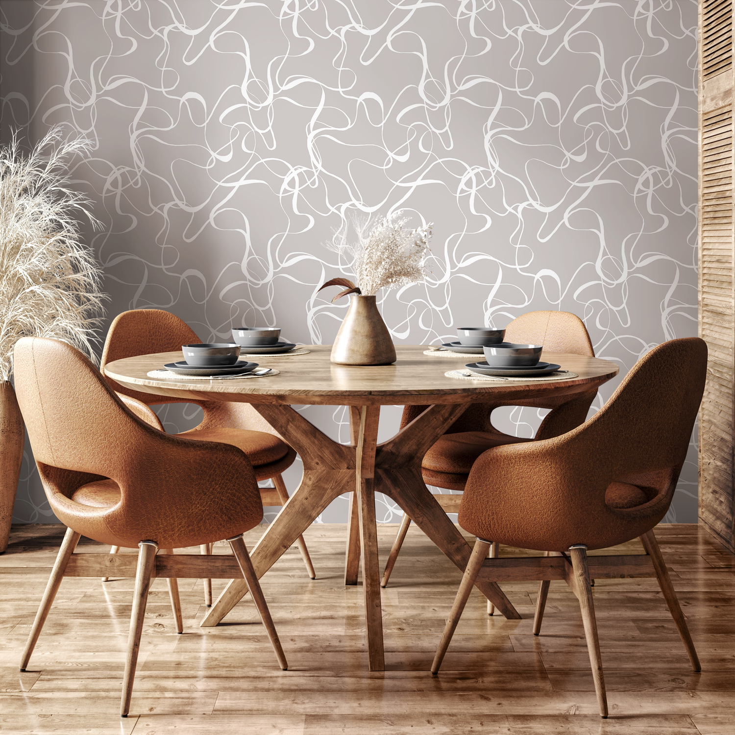 Abstract Wallpaper with Flowing Ribbon Lines in Gray and White - C661