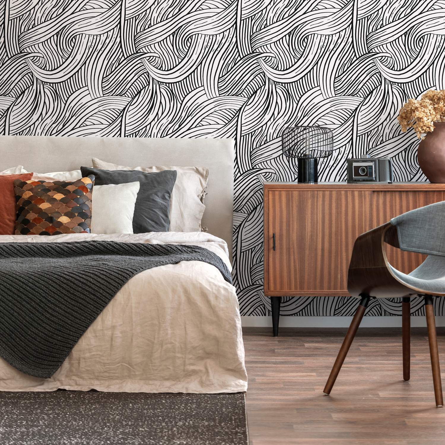 Papel tapiz de ondas en blanco y negro, autoadhesivo, removible, para decoración del hogar, arte de pared, decoración de habitaciones - C668