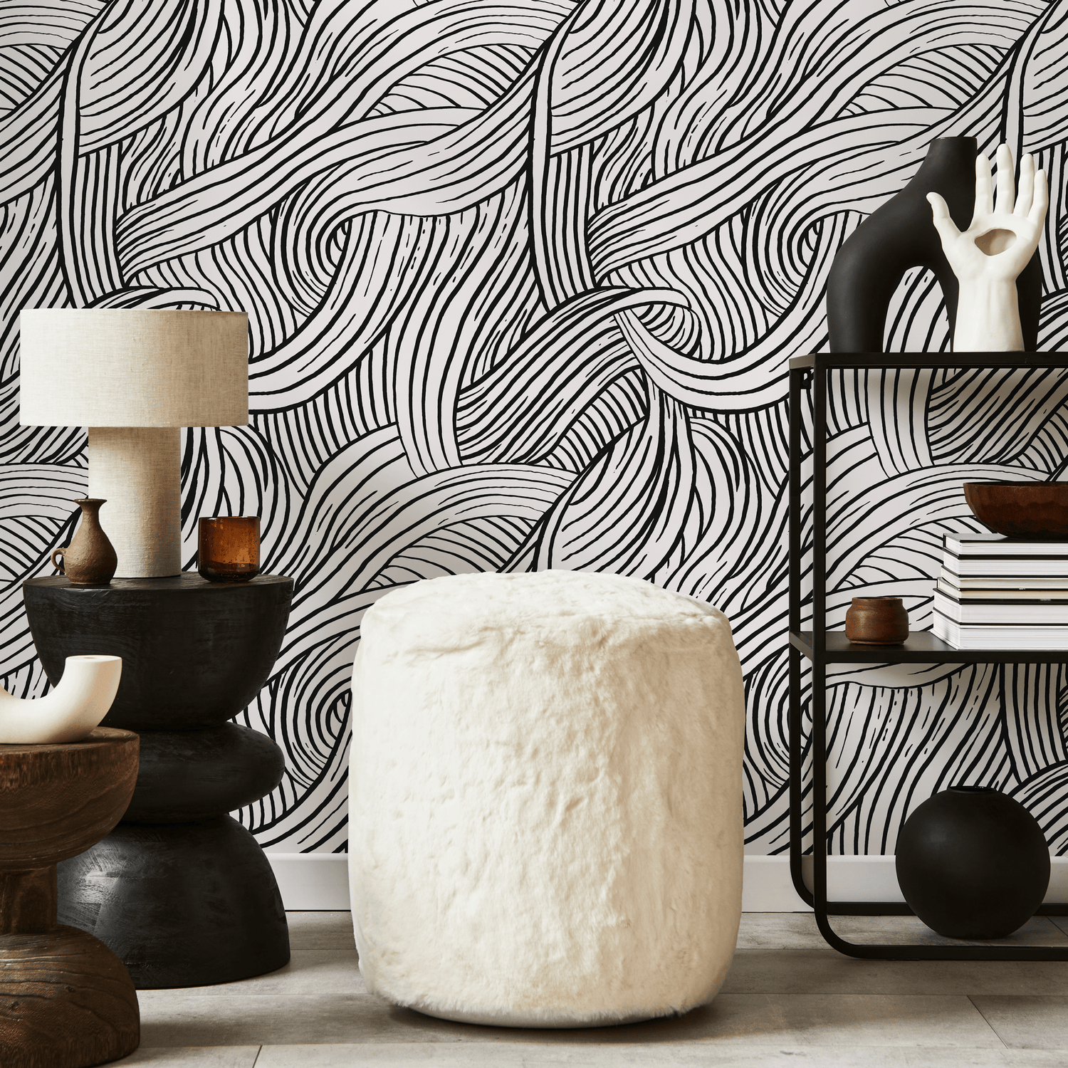 Papel tapiz de ondas en blanco y negro, autoadhesivo, removible, para decoración del hogar, arte de pared, decoración de habitaciones - C668