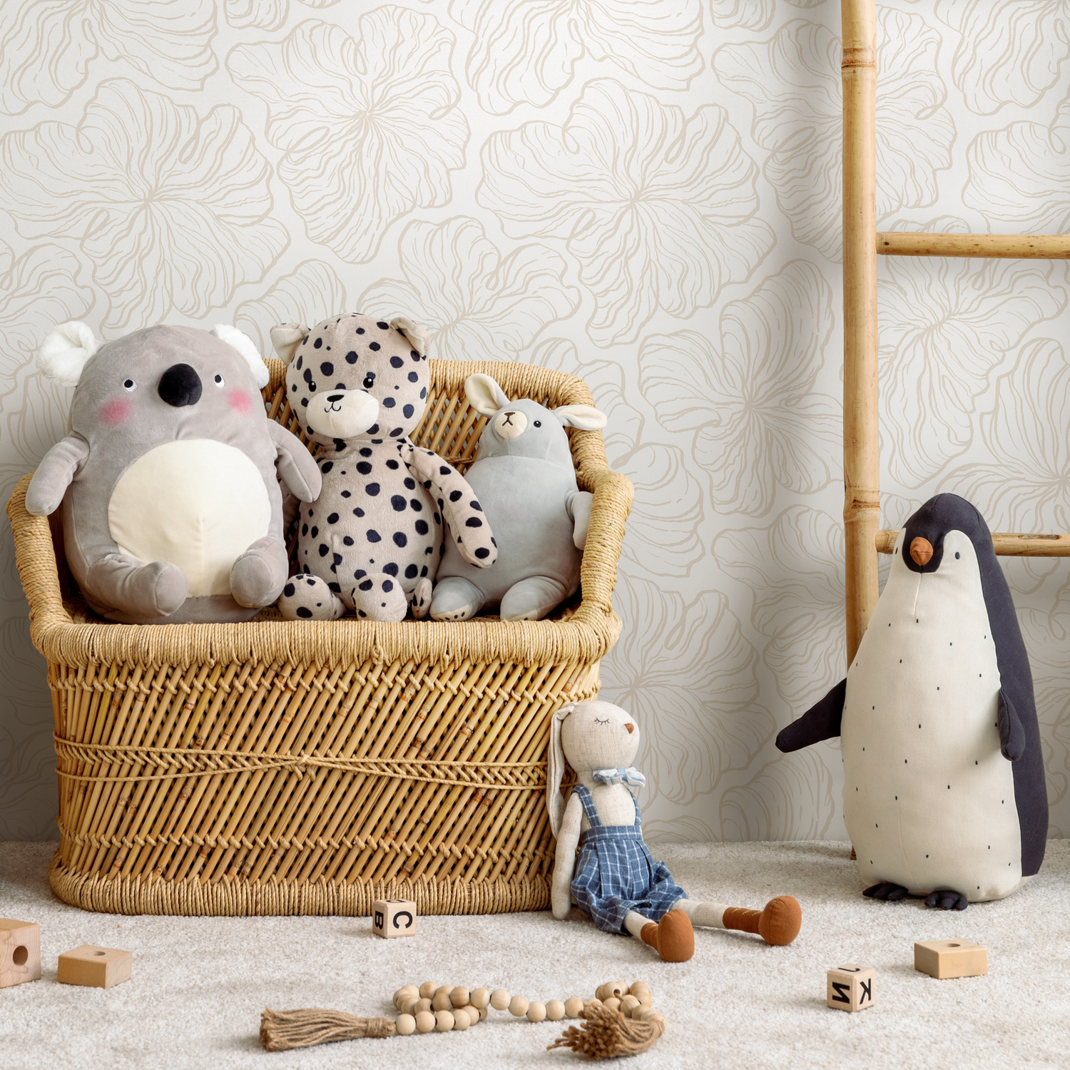 Floral Wallpaper with Delicate Stylized Blooms in Beige and Cream - C669