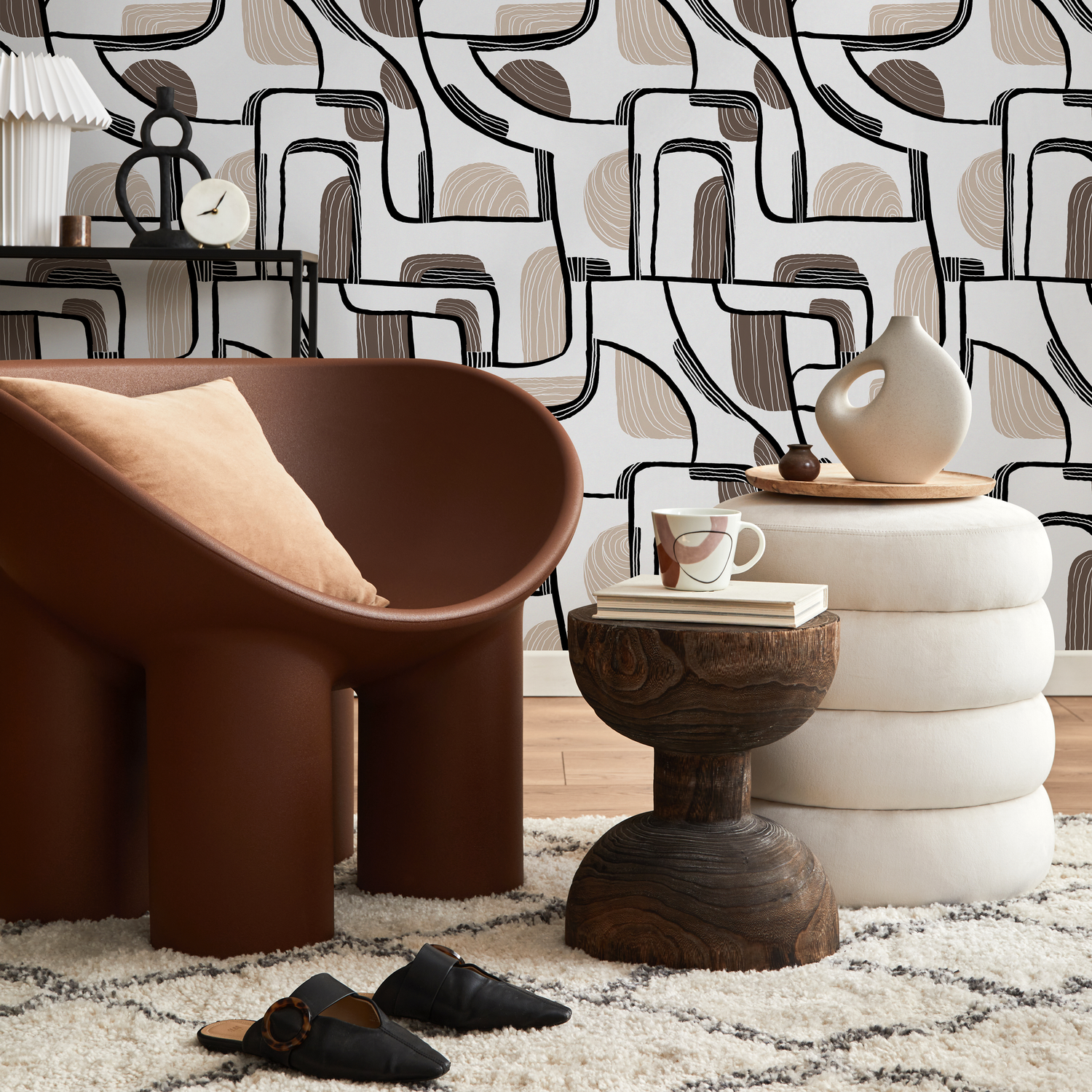 Abstract Wallpaper with Mid-Century Lines and Shapes in Black, Brown, and Beige - C673