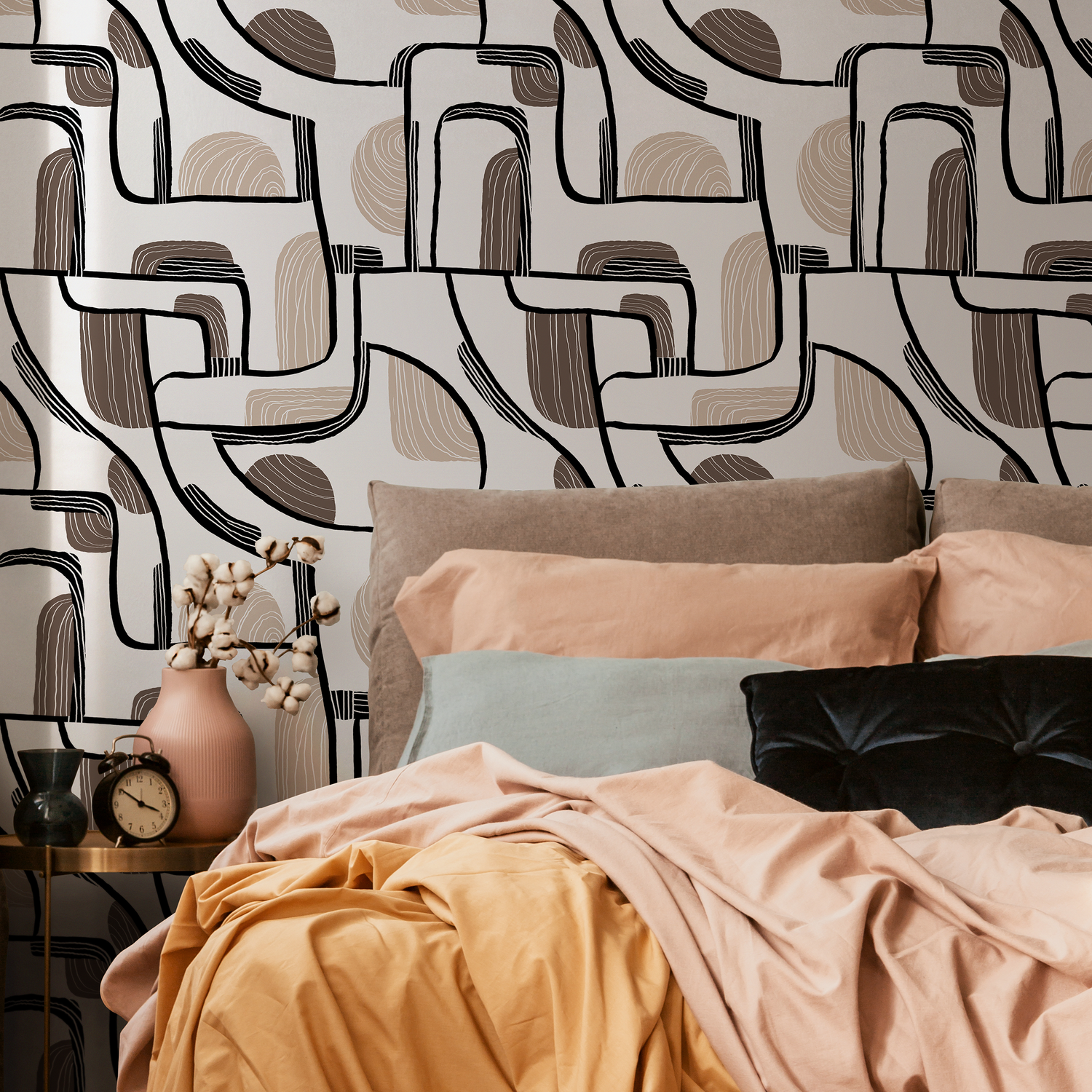 Abstract Wallpaper with Mid-Century Lines and Shapes in Black, Brown, and Beige - C673