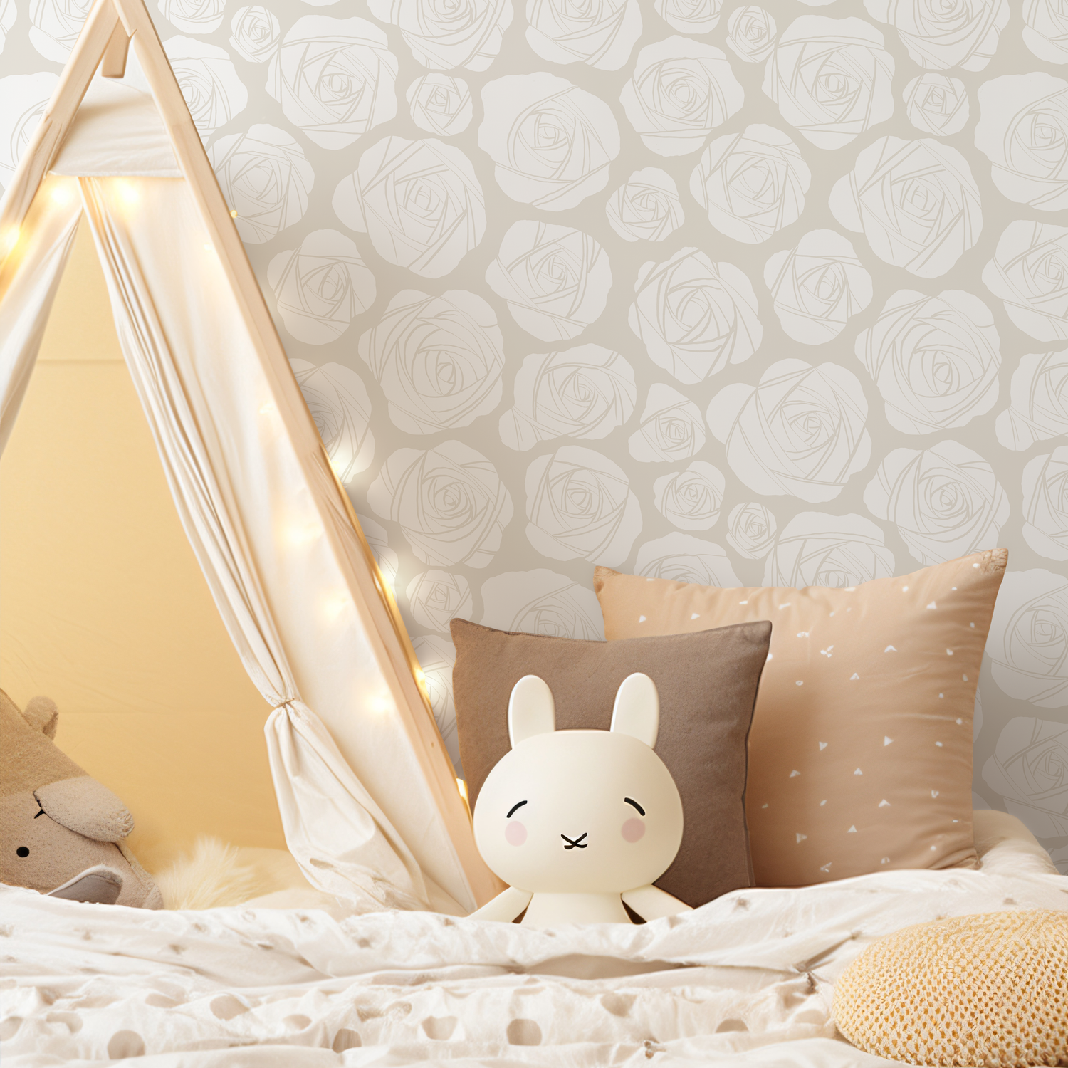Floral Wallpaper with Stylized Geometric Roses in Beige and Cream - C676