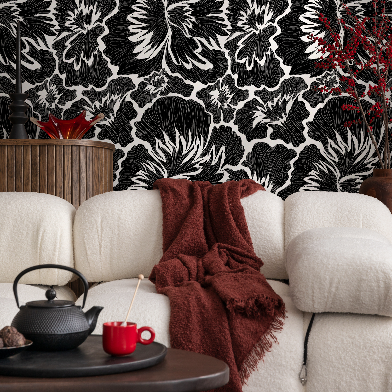 Papel pintado floral llamativo en blanco y negro / Papel pintado autoadhesivo / Papel pintado extraíble / Decoración del hogar / Arte de pared / Decoración de habitaciones - C677