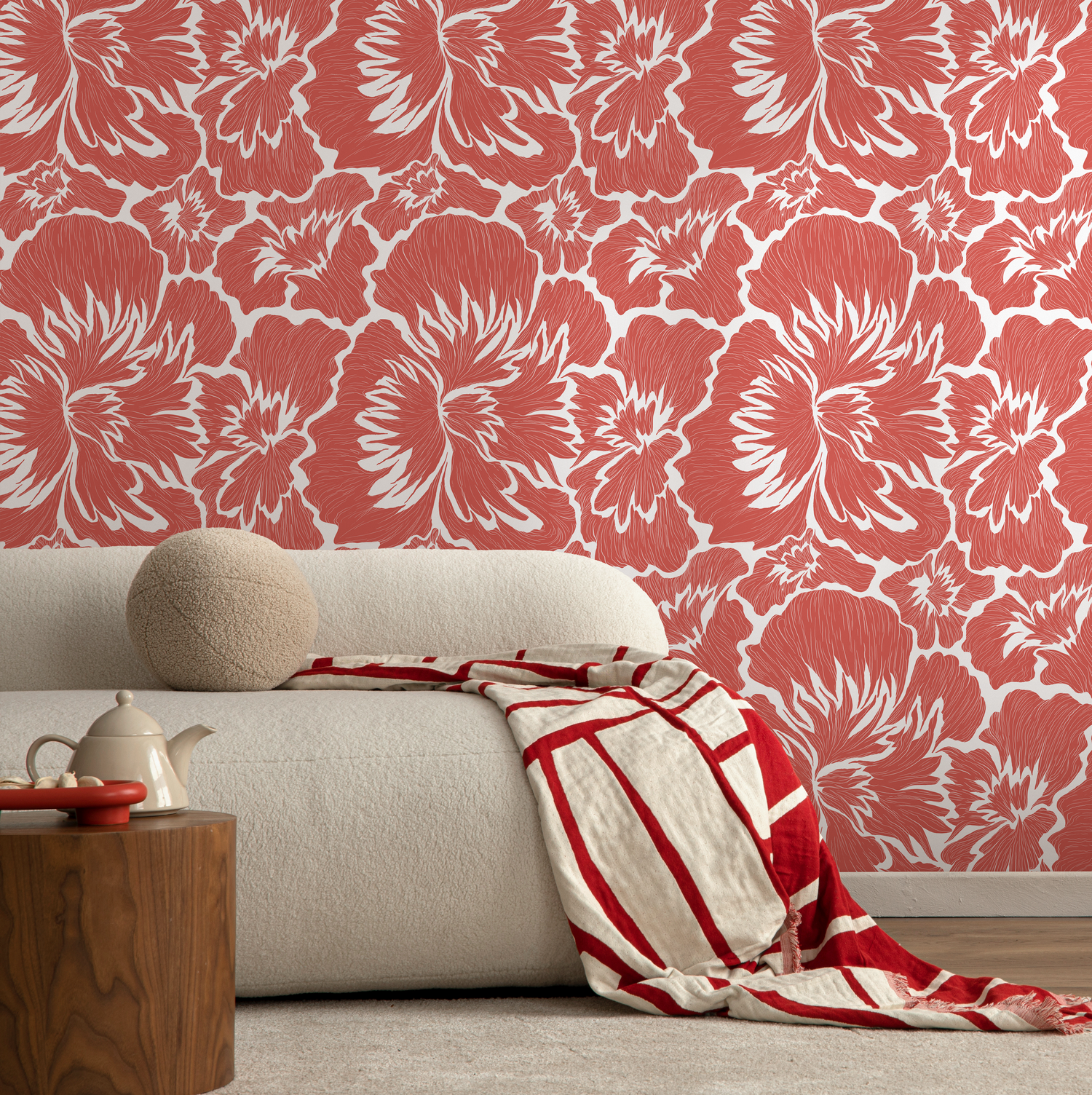 Papel pintado floral coral intenso / Papel pintado autoadhesivo / Papel pintado extraíble / Decoración del hogar / Arte de pared / Decoración de habitaciones - C678