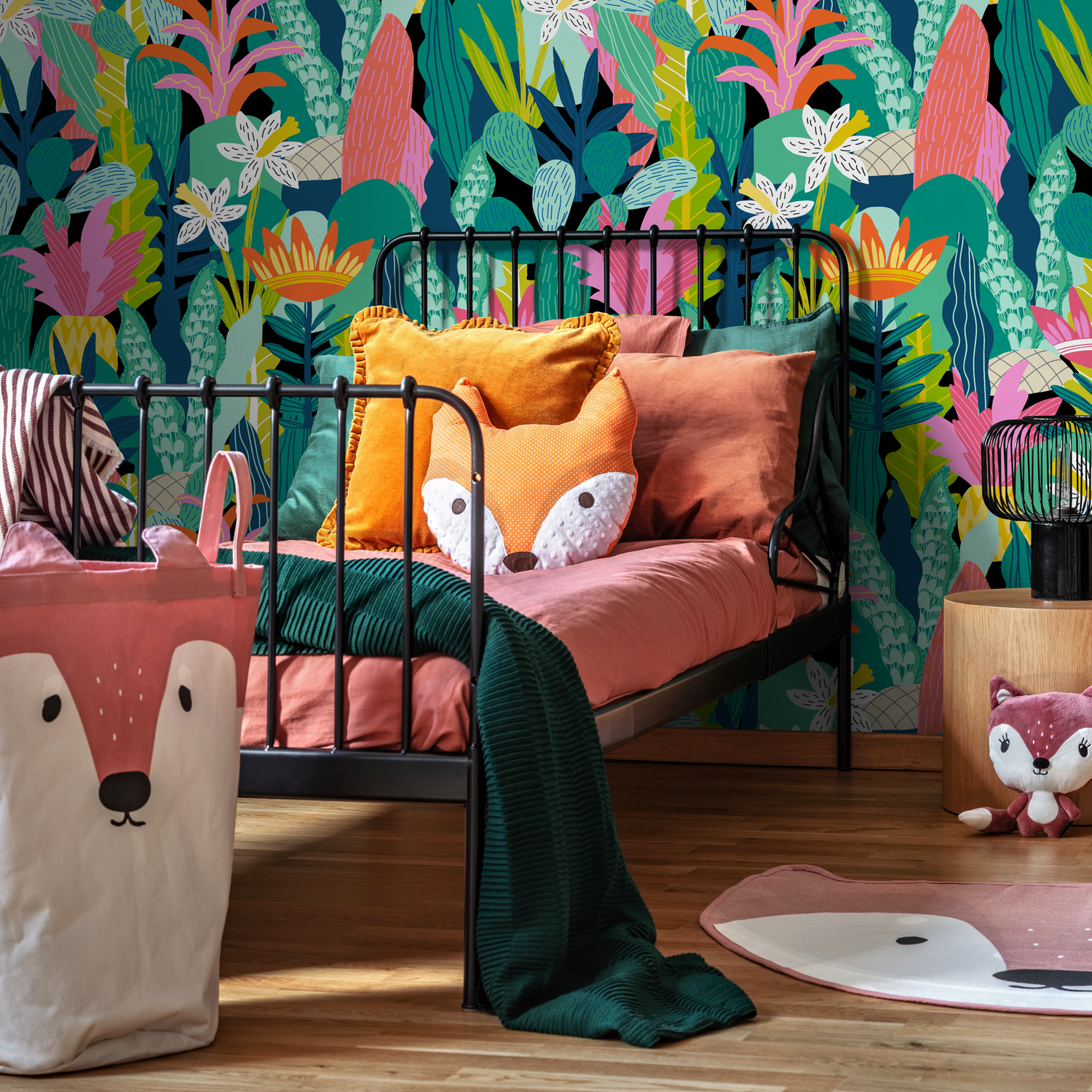 Botanical Wallpaper with a Stylized Jungle Motif in Pink, Green, and Orange - C687
