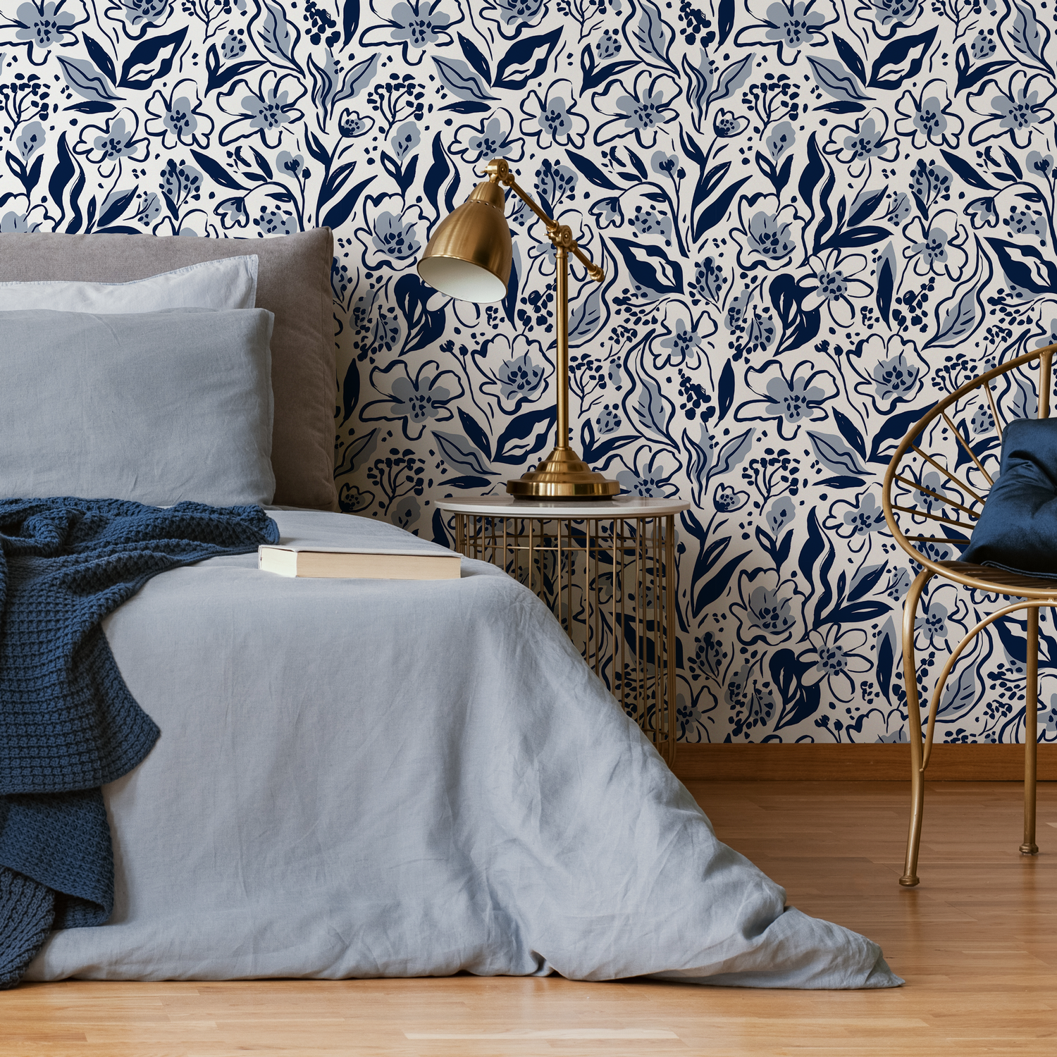 Papel pintado floral y de hojas azul marino / Papel pintado autoadhesivo / Papel pintado removible / Decoración del hogar / Arte de pared / Decoración de habitaciones - C692