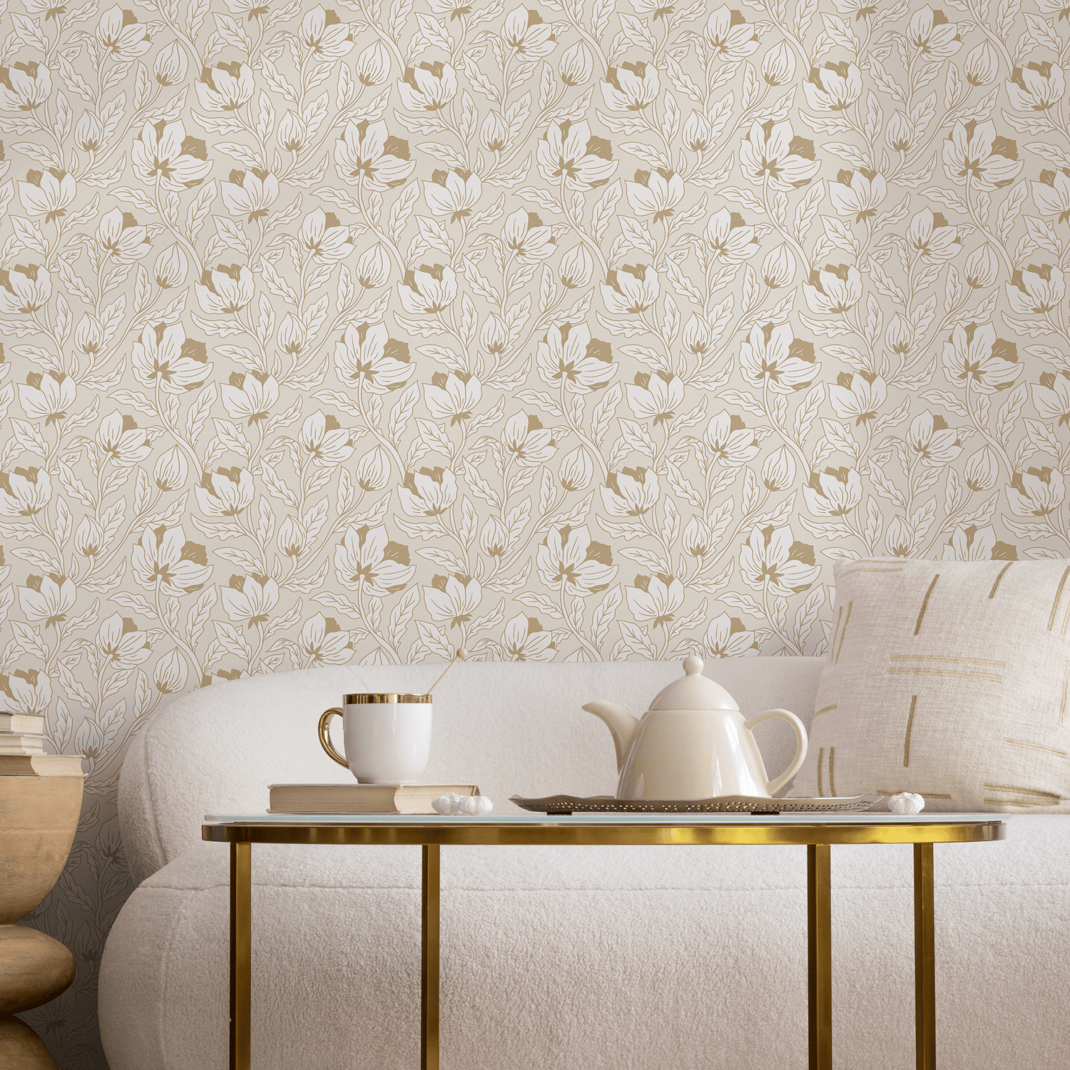 Art Nouveau Wallpaper with a Stylized Floral Motif in Beige and Tan - C694