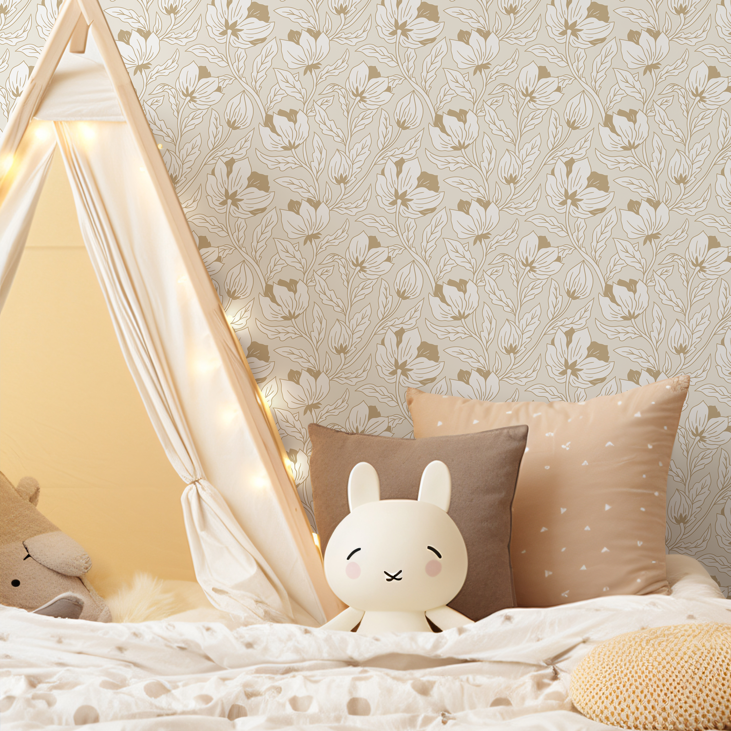 Art Nouveau Wallpaper with a Stylized Floral Motif in Beige and Tan - C694