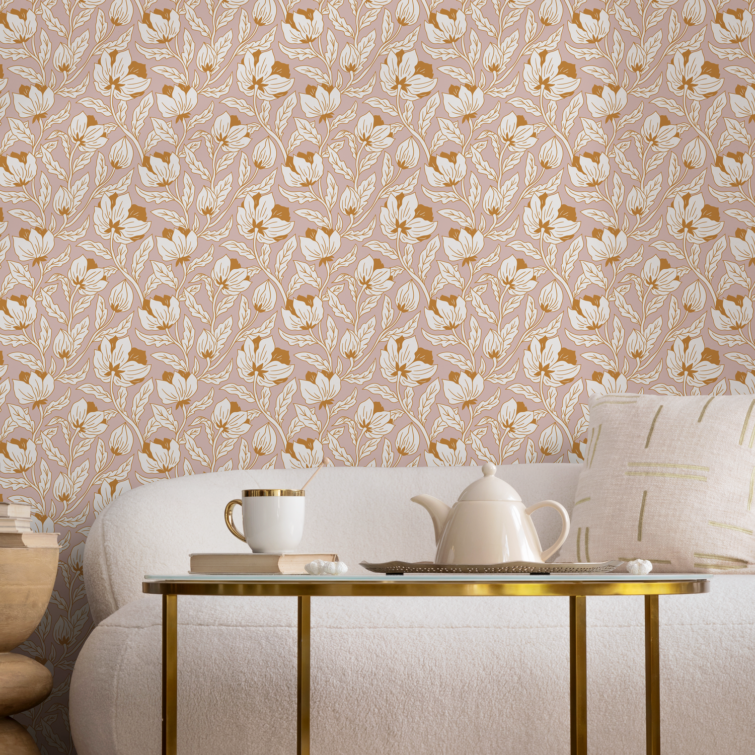 Art Nouveau Wallpaper with a Stylized Floral Motif in Pink, Cream, and Gold - C695