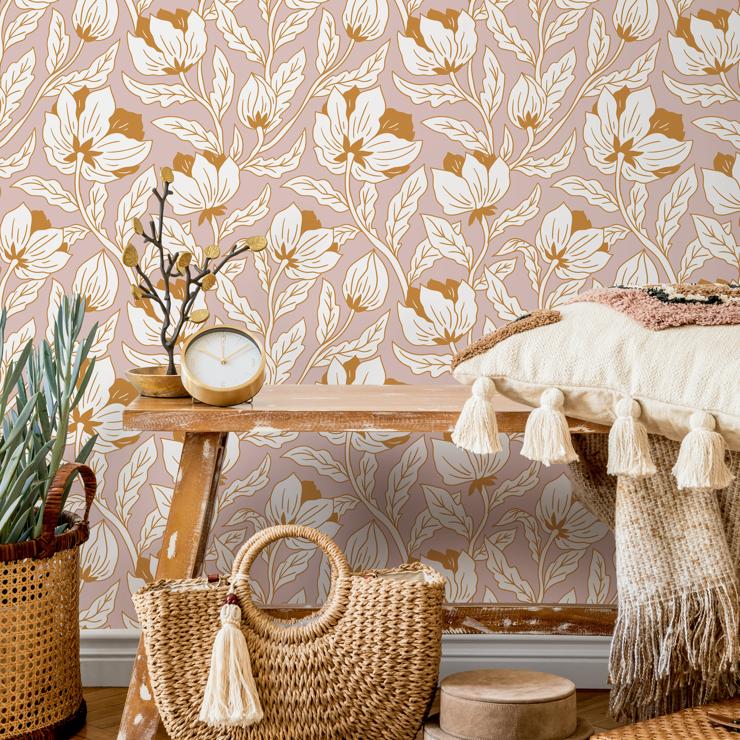 Art Nouveau Wallpaper with a Stylized Floral Motif in Pink, Cream, and Gold - C695