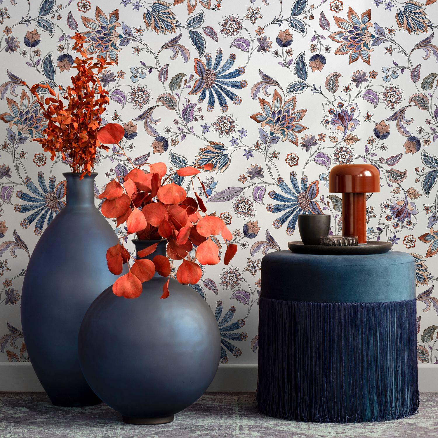 Floral Wallpaper with an Intricate Chintz Motif in Blue, Orange, and Purple - C696