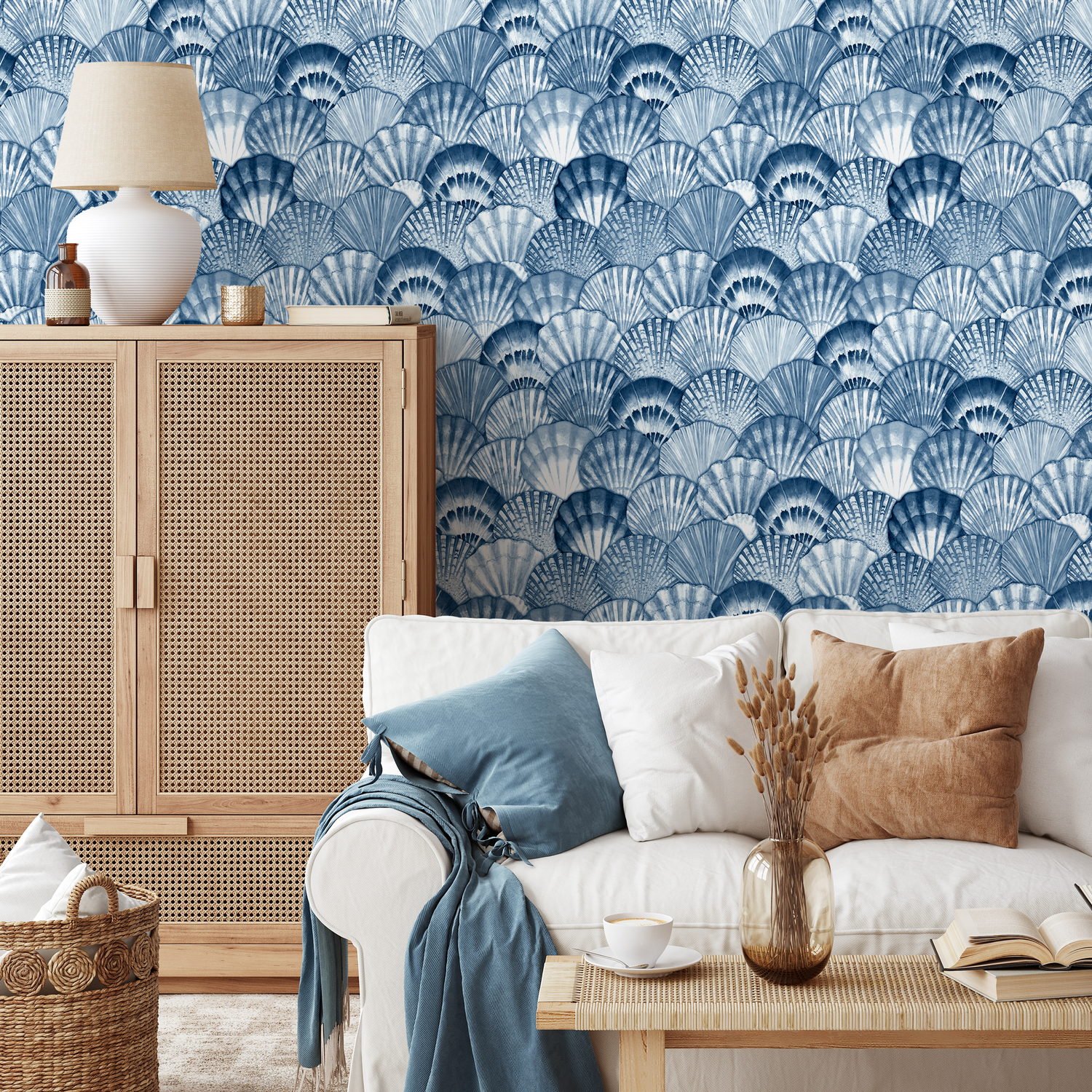 Coastal Wallpaper with a Watercolor Seashell Motif in Blue and White - C698