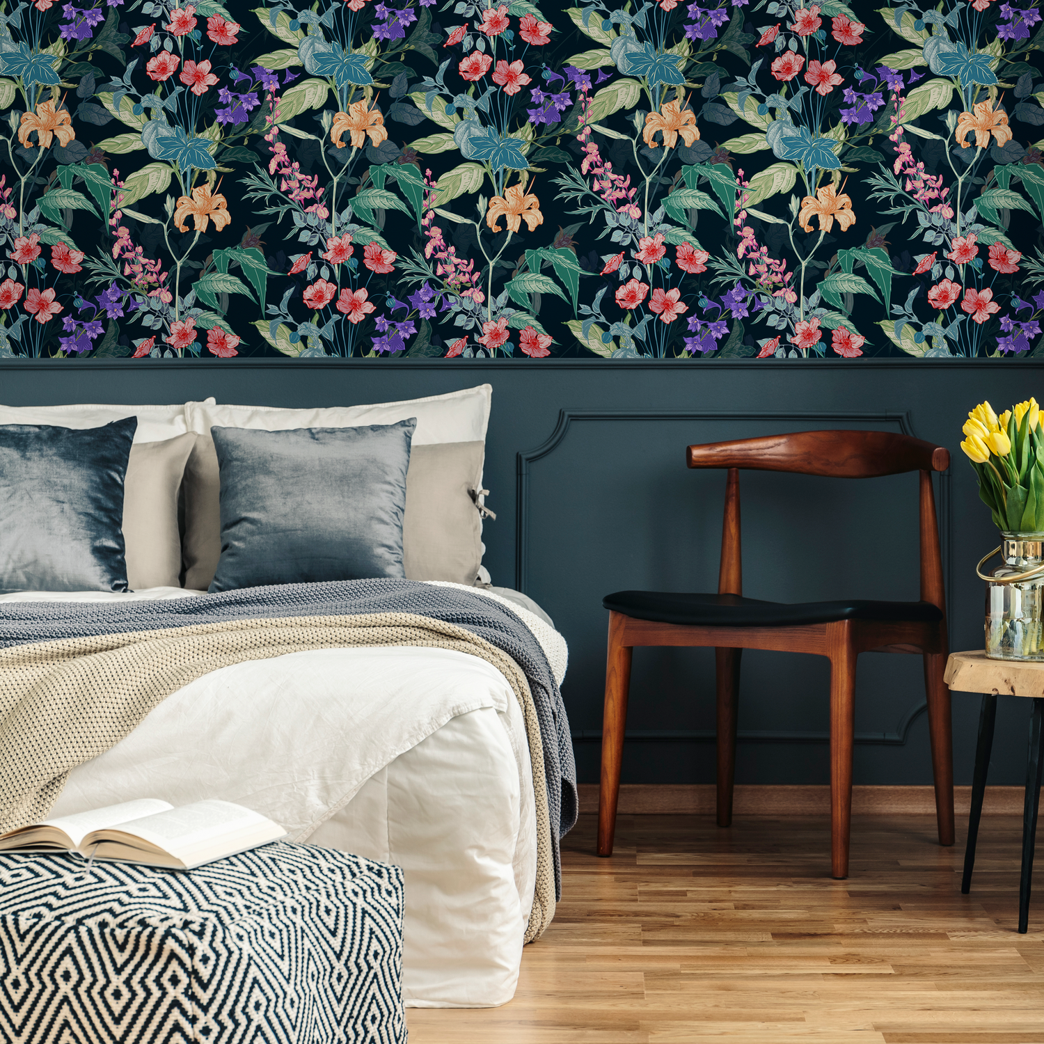 Papier peint floral vintage à motif de lys / Papier peint autocollant amovible Décoration d'intérieur Art mural Décoration murale Décoration de chambre - C699