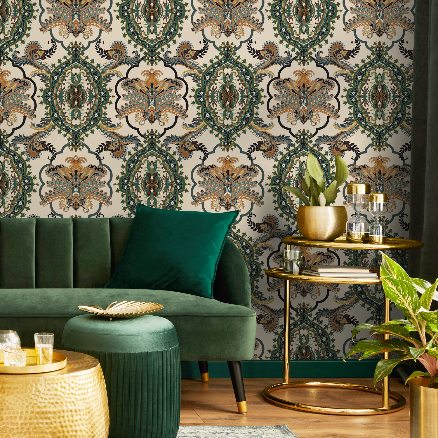 Damask Wallpaper with an Ornate Victorian Paisley Motif in Green, Gold, and Brown - C700