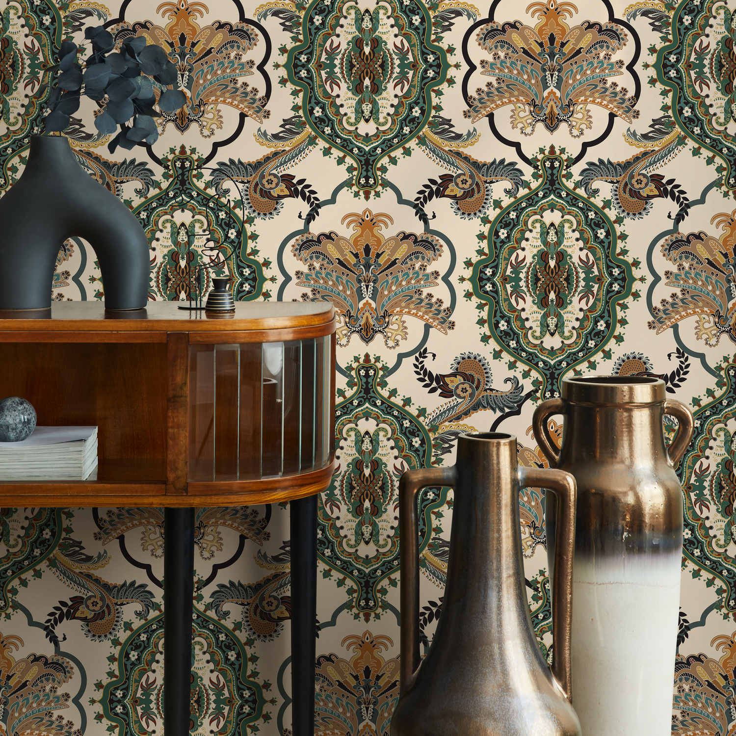 Damask Wallpaper with an Ornate Victorian Paisley Motif in Green, Gold, and Brown - C700