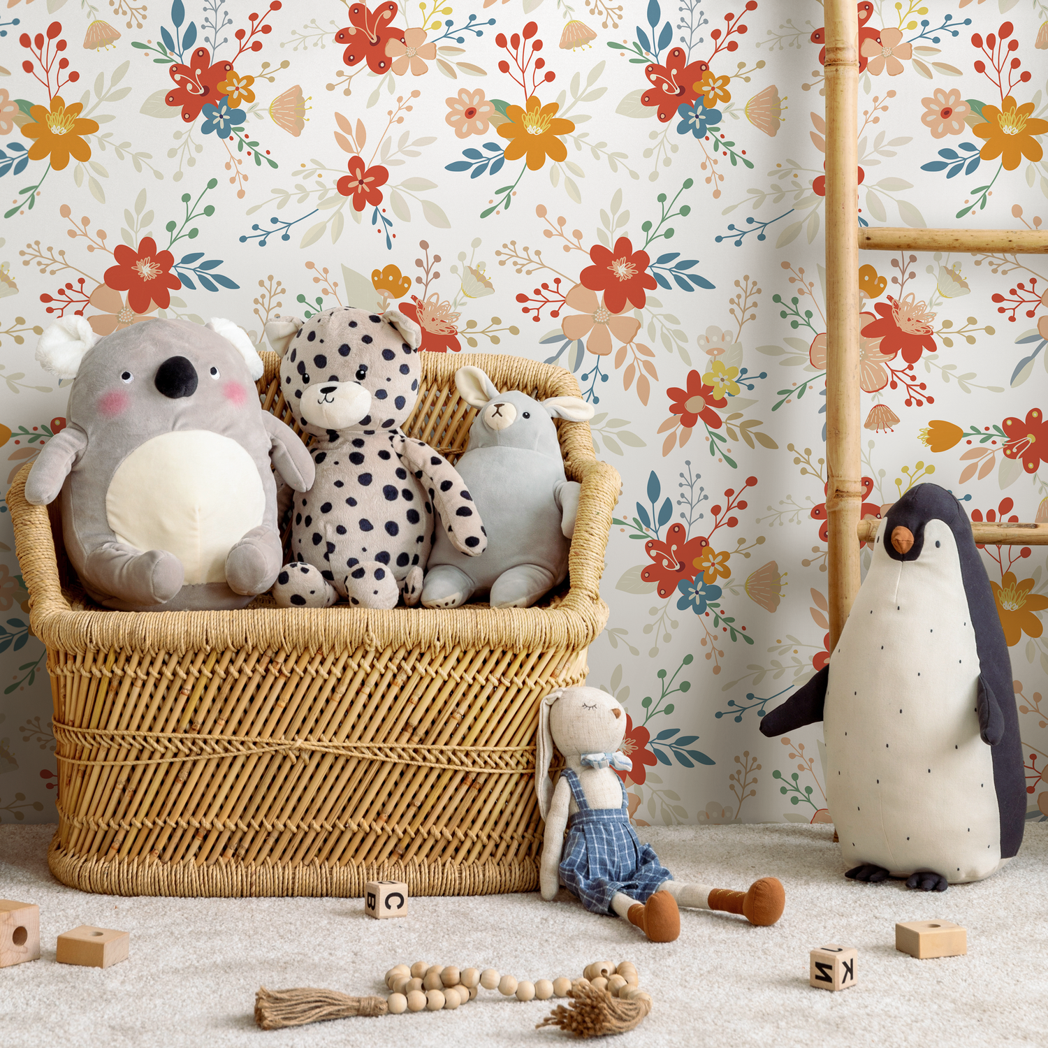 Floral Wallpaper with a Cute Folk Art Motif in Red, Yellow, and Blue - C710