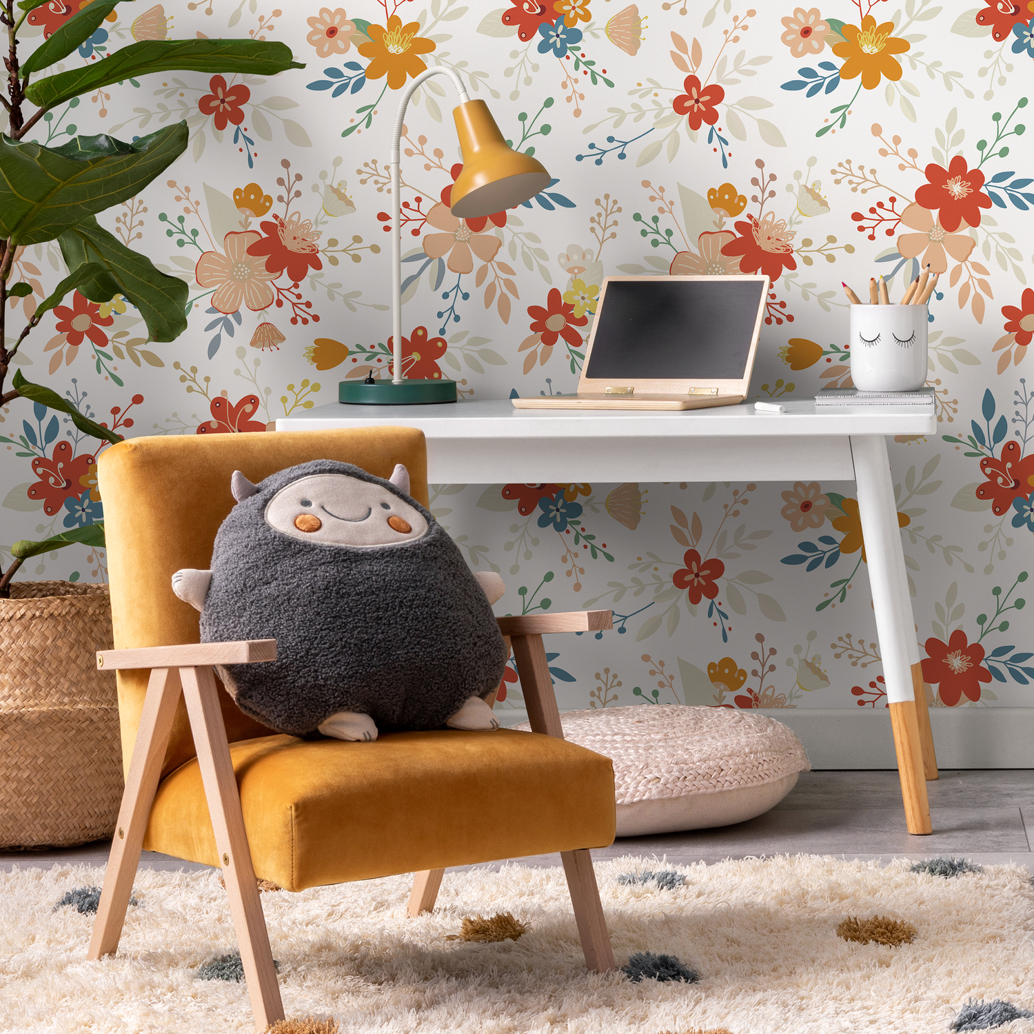 Floral Wallpaper with a Cute Folk Art Motif in Red, Yellow, and Blue - C710