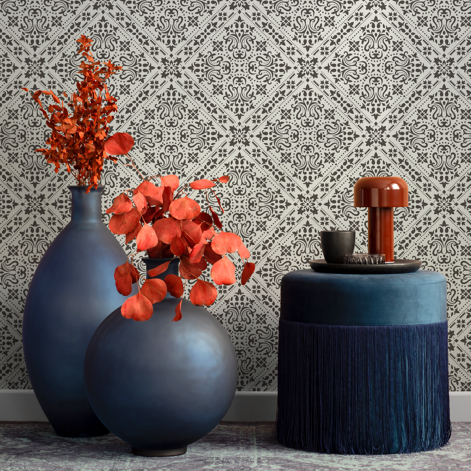 Tile Wallpaper with an Intricate Moroccan Motif in Black and White - C713
