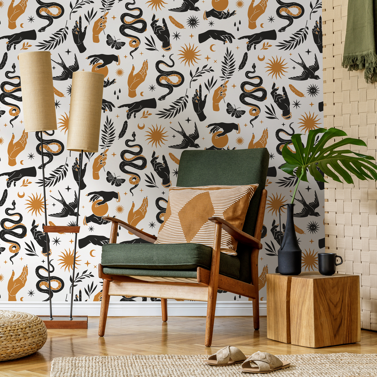 Mystical Wallpaper with Celestial Hands, Snakes, and Moons in Black and Gold - C715