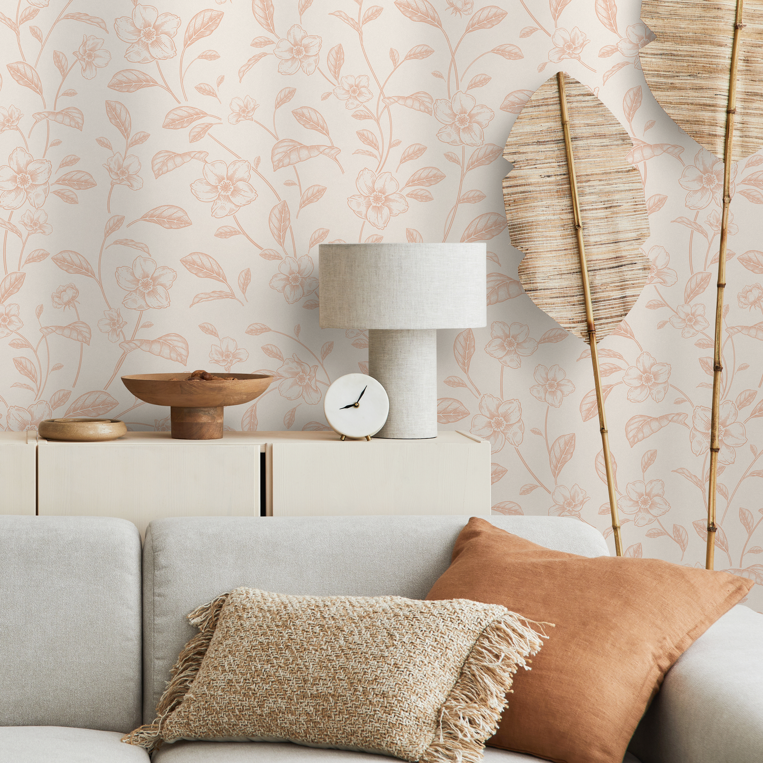 Floral Wallpaper with a Vintage Vine Motif in Pink and Beige - C718