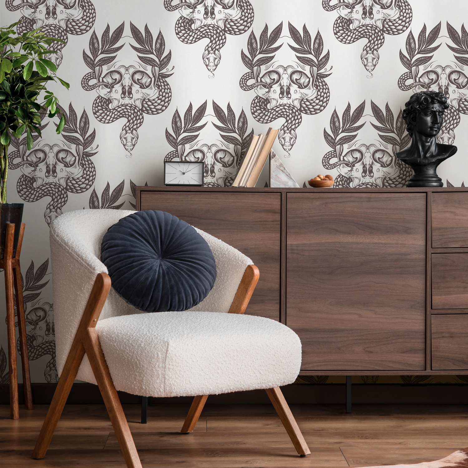 Papel tapiz bohemio con calaveras y serpientes / Papel tapiz autoadhesivo extraíble, decoración del hogar, arte de pared, decoración de habitaciones - C720