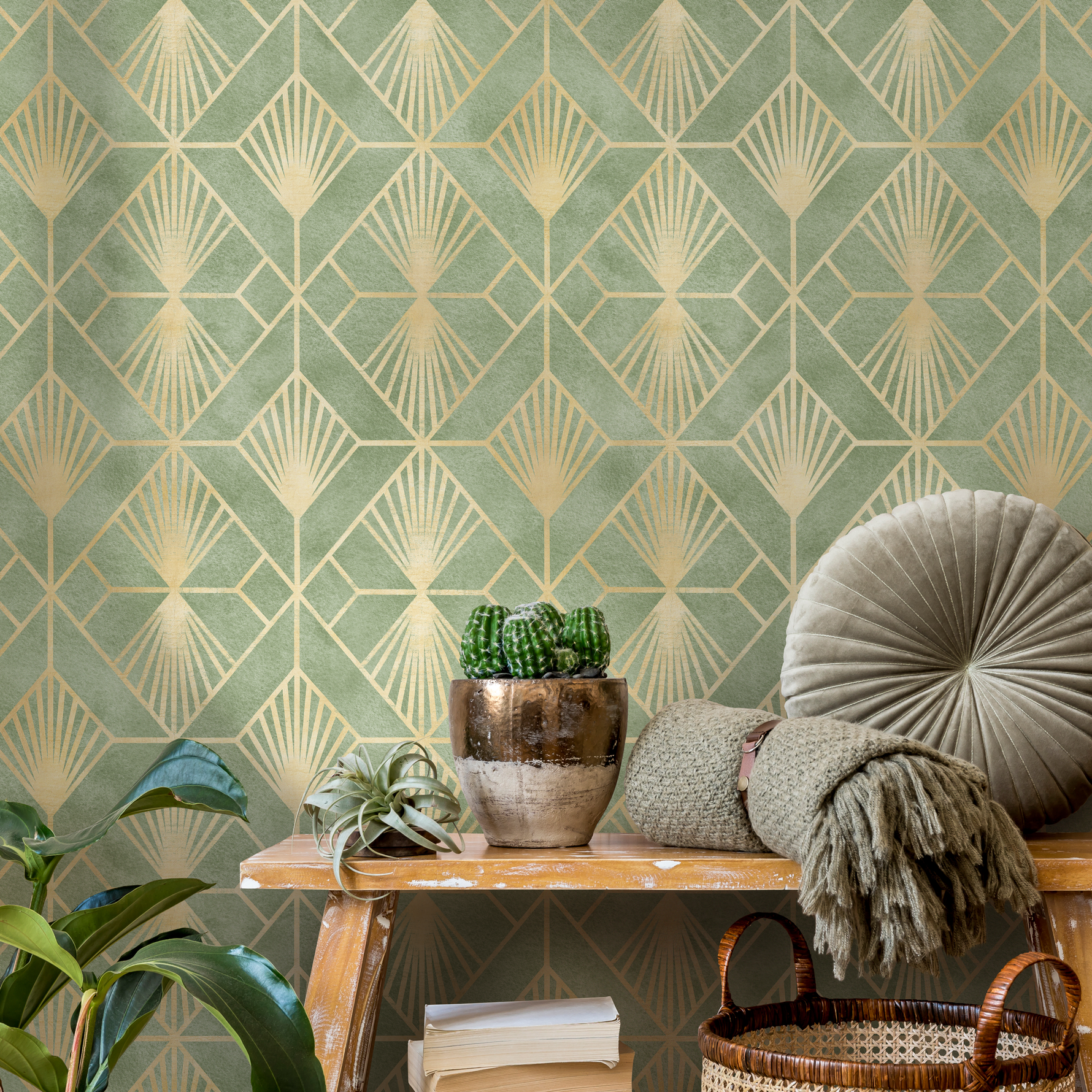 Green and Gold Art Deco Wallpaper / Peel and Stick Wallpaper Removable Wallpaper Home Decor Wall Art Wall Decor Room Decor - C721 - ONDECOR.COM