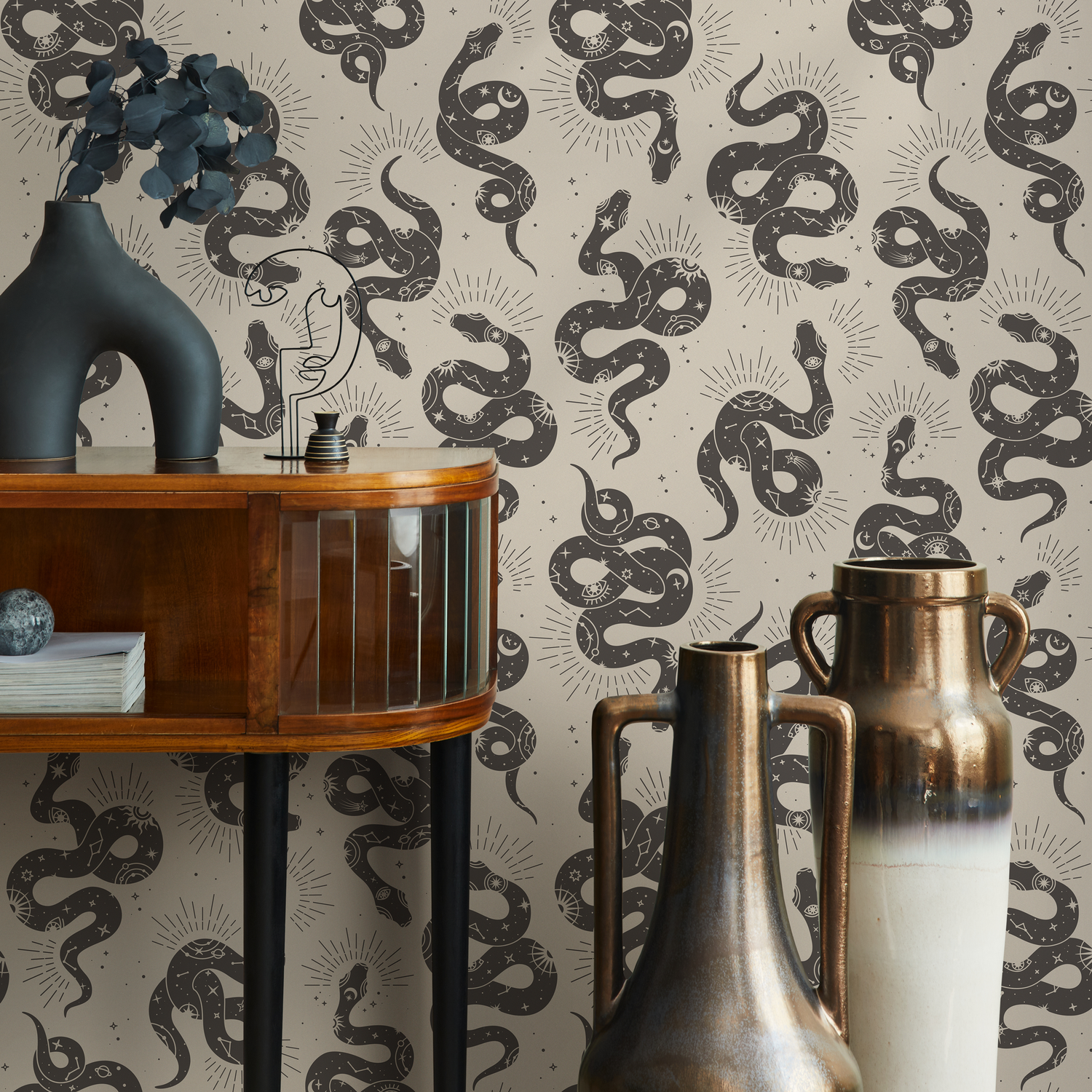 Papel tapiz bohemio con diseño de serpiente gris, autoadhesivo, extraíble, para decoración del hogar, arte de pared, decoración de habitaciones - C723