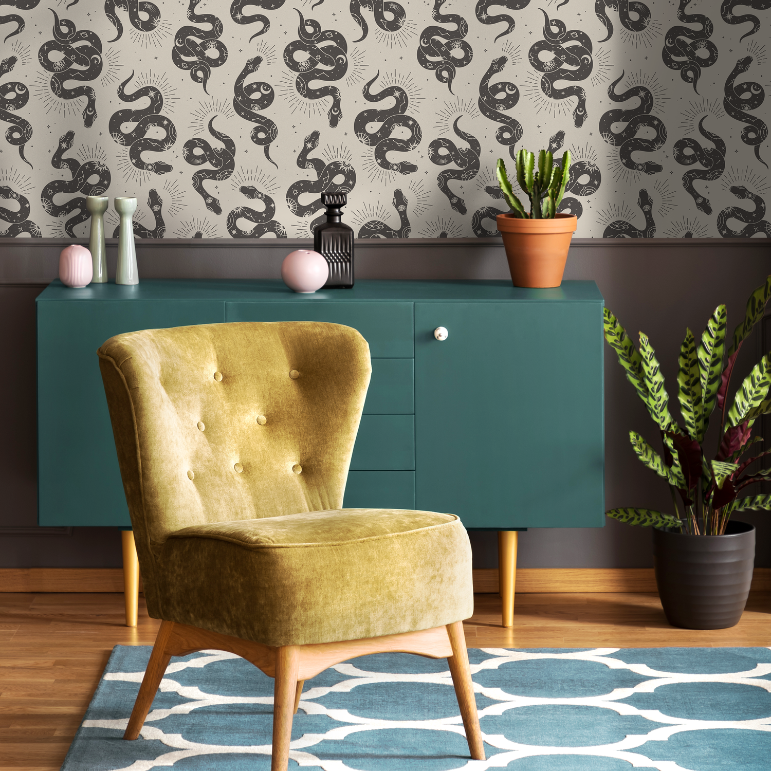 Papel tapiz bohemio con diseño de serpiente gris, autoadhesivo, extraíble, para decoración del hogar, arte de pared, decoración de habitaciones - C723