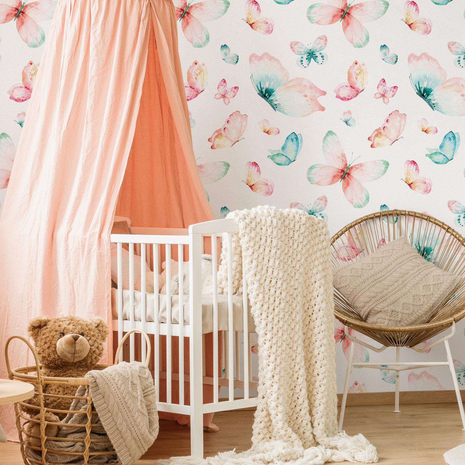 Butterfly Wallpaper with a Watercolor Motif in Pink, Teal, and Yellow - C726