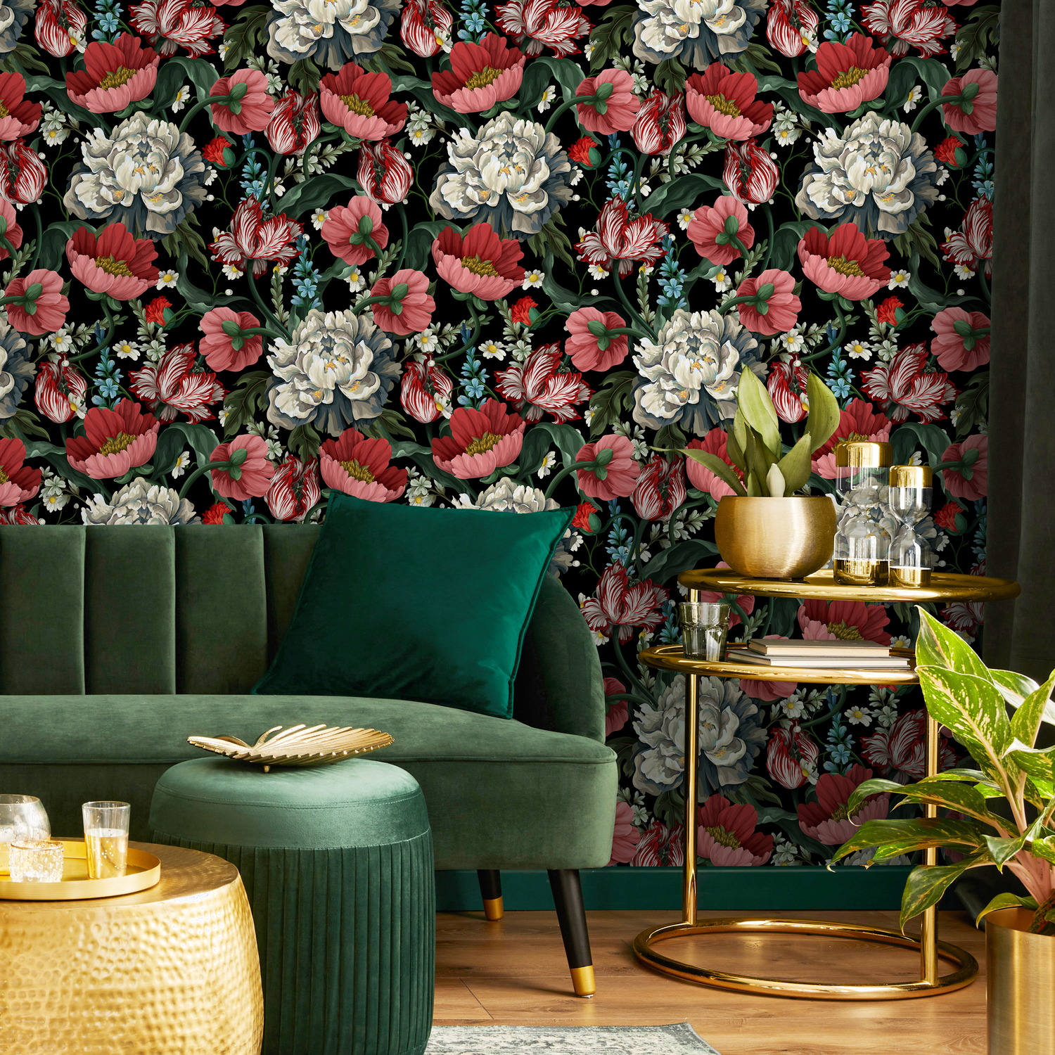 Vintage Botanical Wallpaper with Peonies and Tulips in Red and White - C728