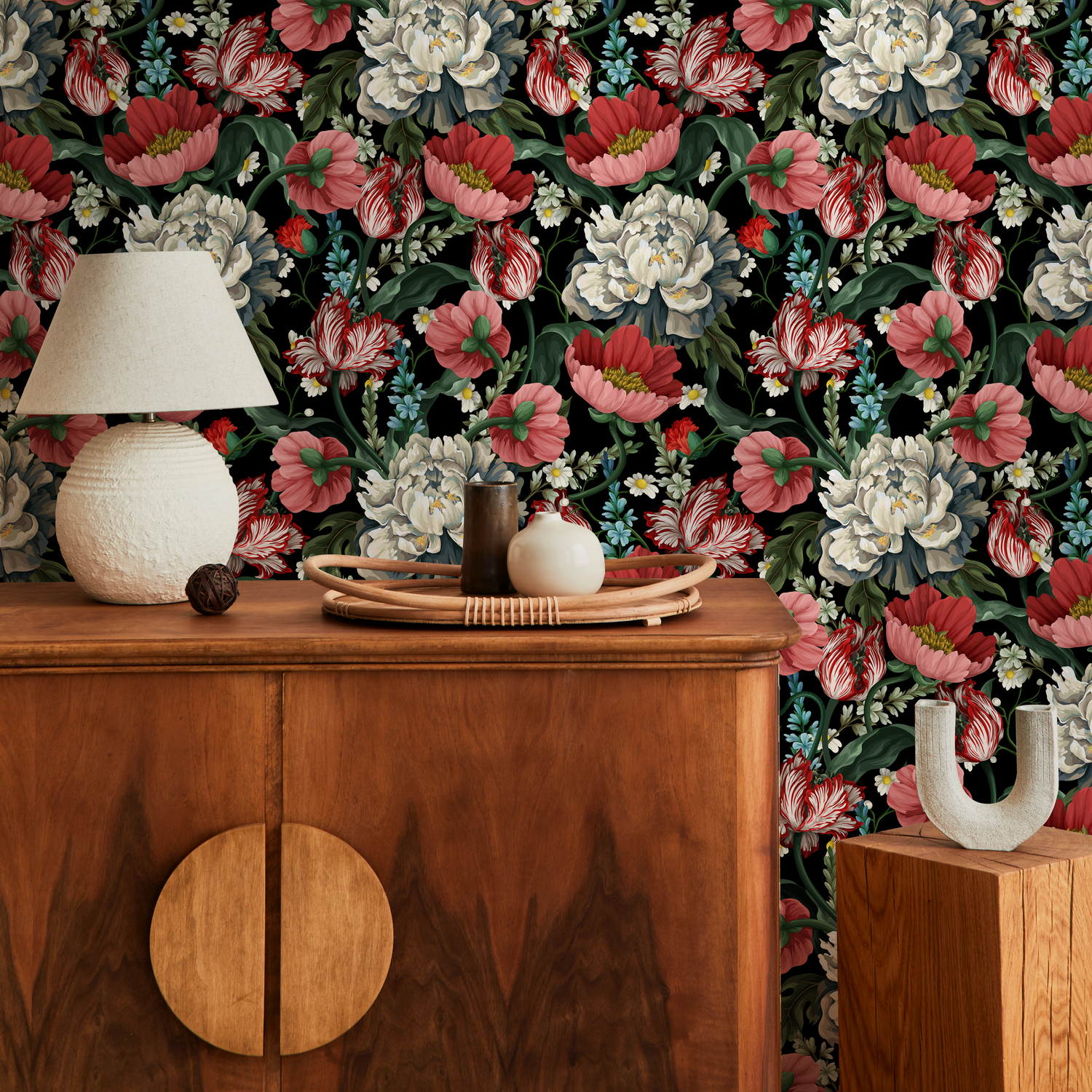 Vintage Botanical Wallpaper with Peonies and Tulips in Red and White - C728