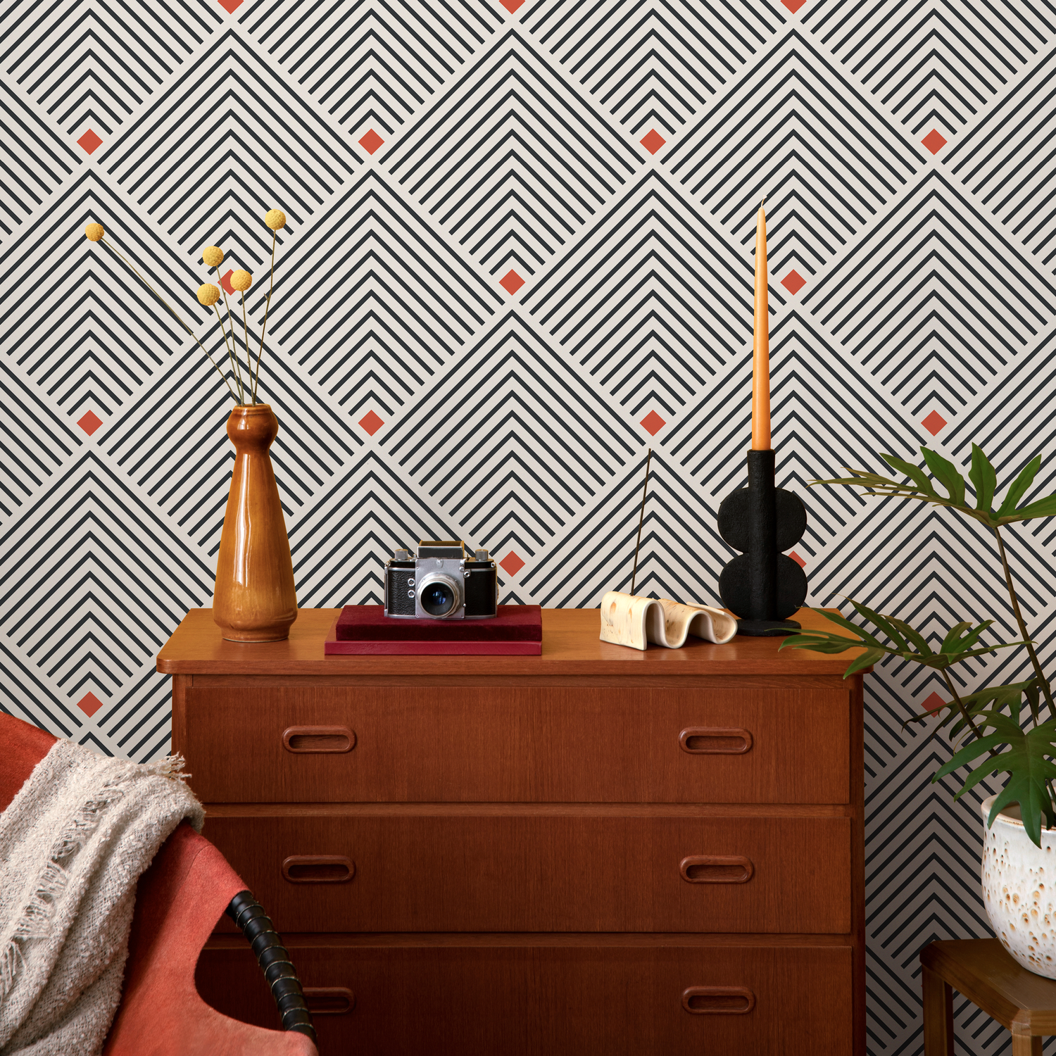 Papel tapiz geométrico negro y naranja / Papel tapiz autoadhesivo, papel tapiz removible, decoración del hogar, arte de pared, decoración de habitaciones - C732