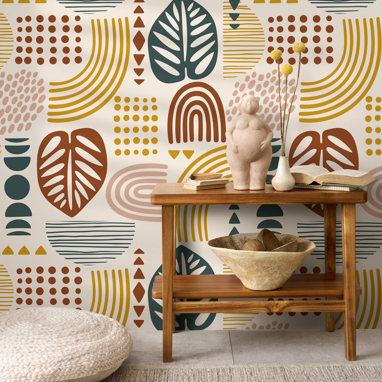 Abstract Wallpaper with Organic Shapes and Leaves in Green, Brown, and Mustard - C735