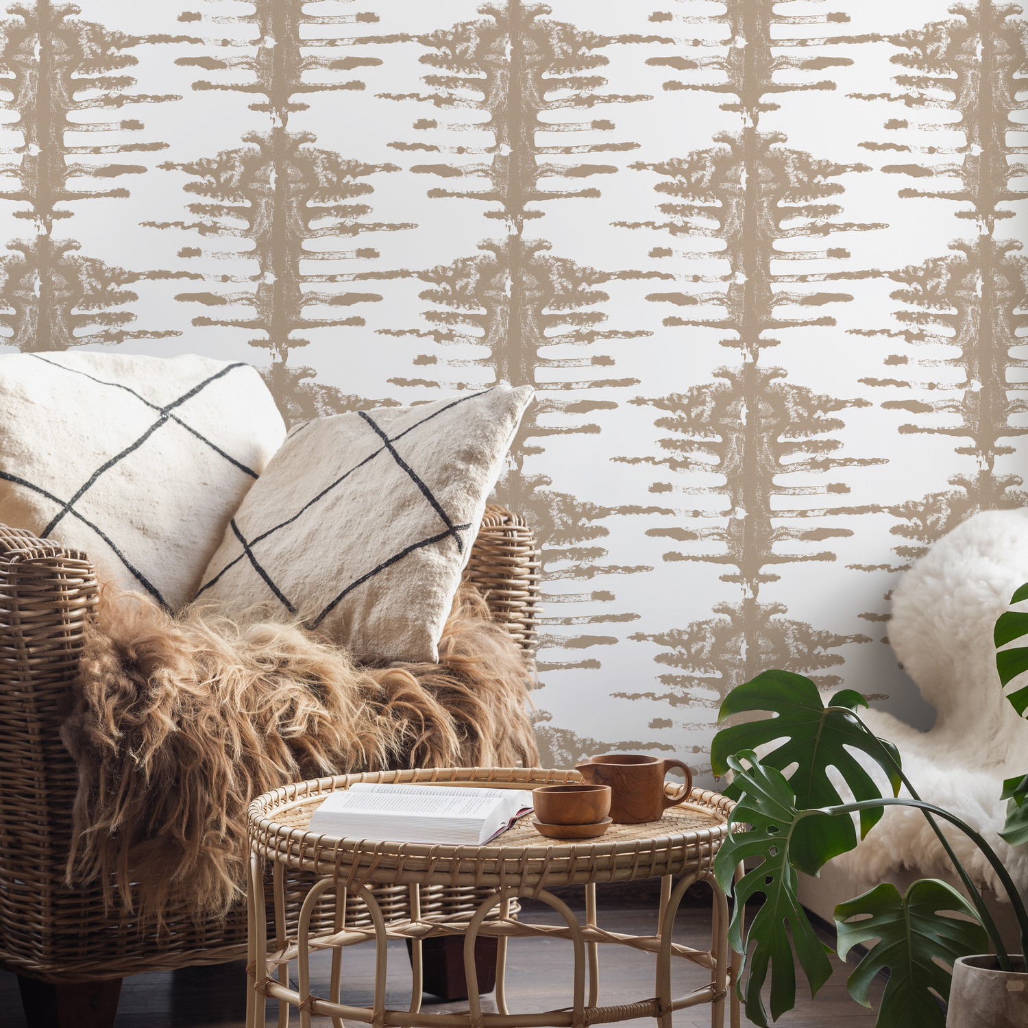 Abstract Wallpaper with a Stamped Tribal Motif in Beige - C741