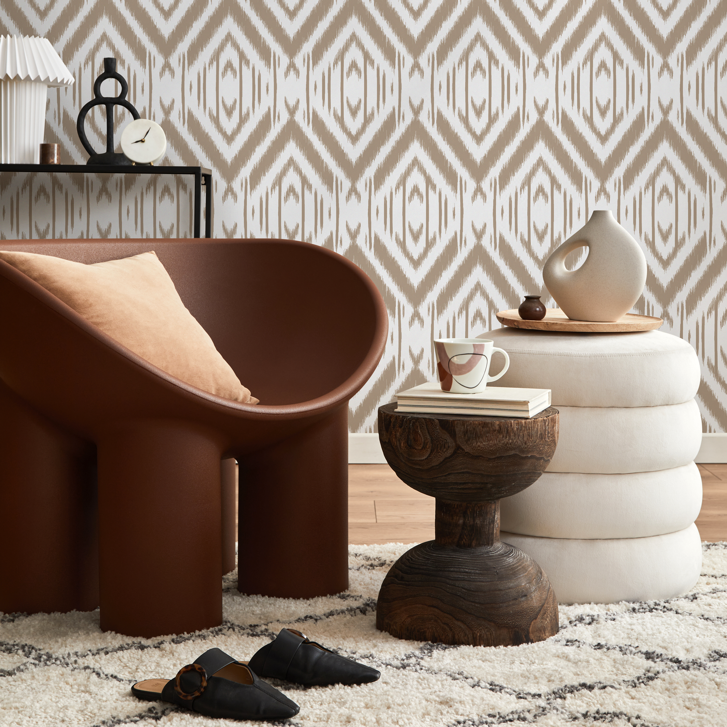 Tribal Wallpaper with an Ikat Diamond Pattern in Beige - C745