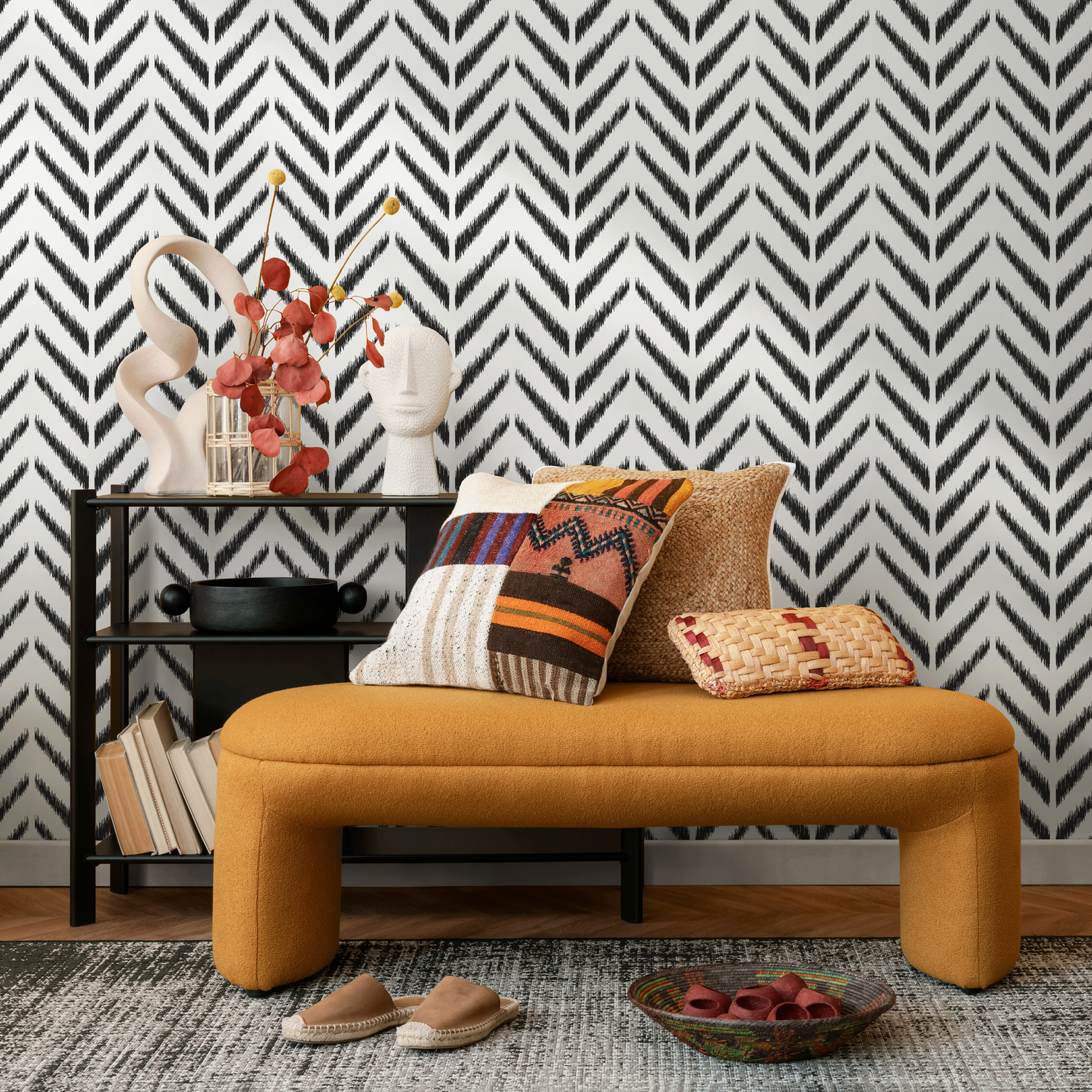 Papel pintado de espiga bohemio negro / Papel pintado autoadhesivo / Papel pintado extraíble / Decoración del hogar / Arte de pared / Decoración de habitaciones - C750