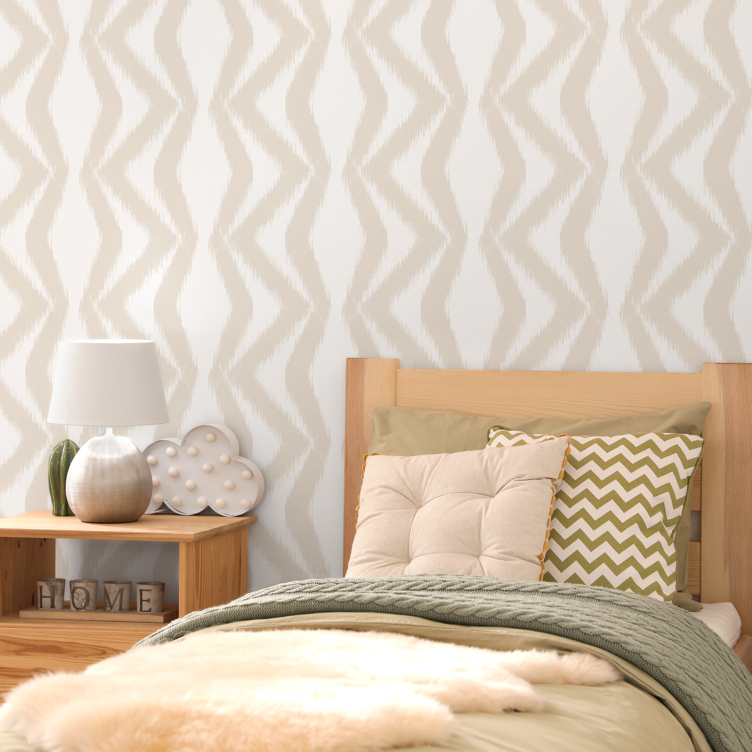 Abstract Wallpaper with a Boho Ikat Motif in Beige and White - C754