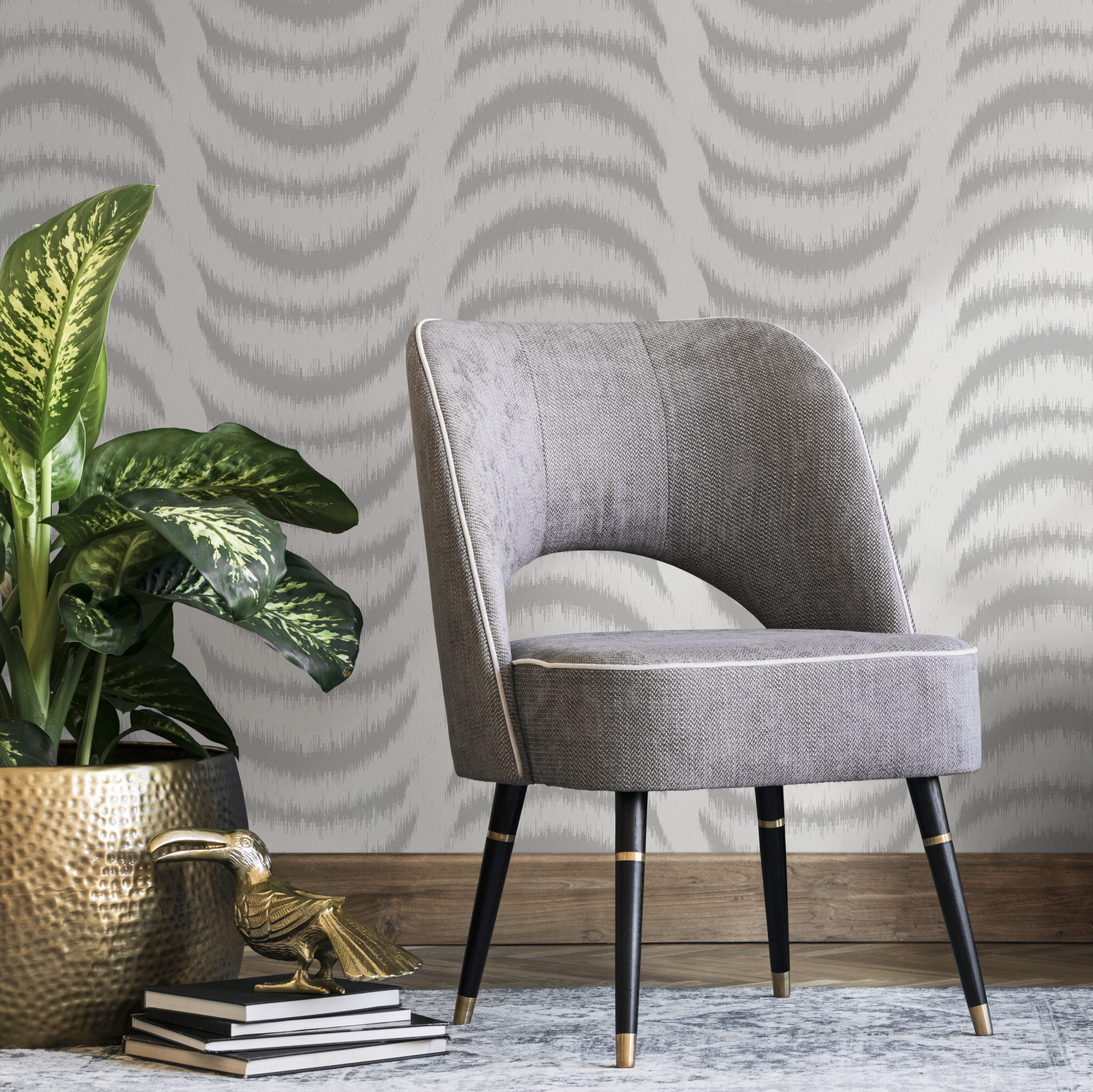Abstract Wallpaper with Wavy Half Moon Arcs in Gray - C755