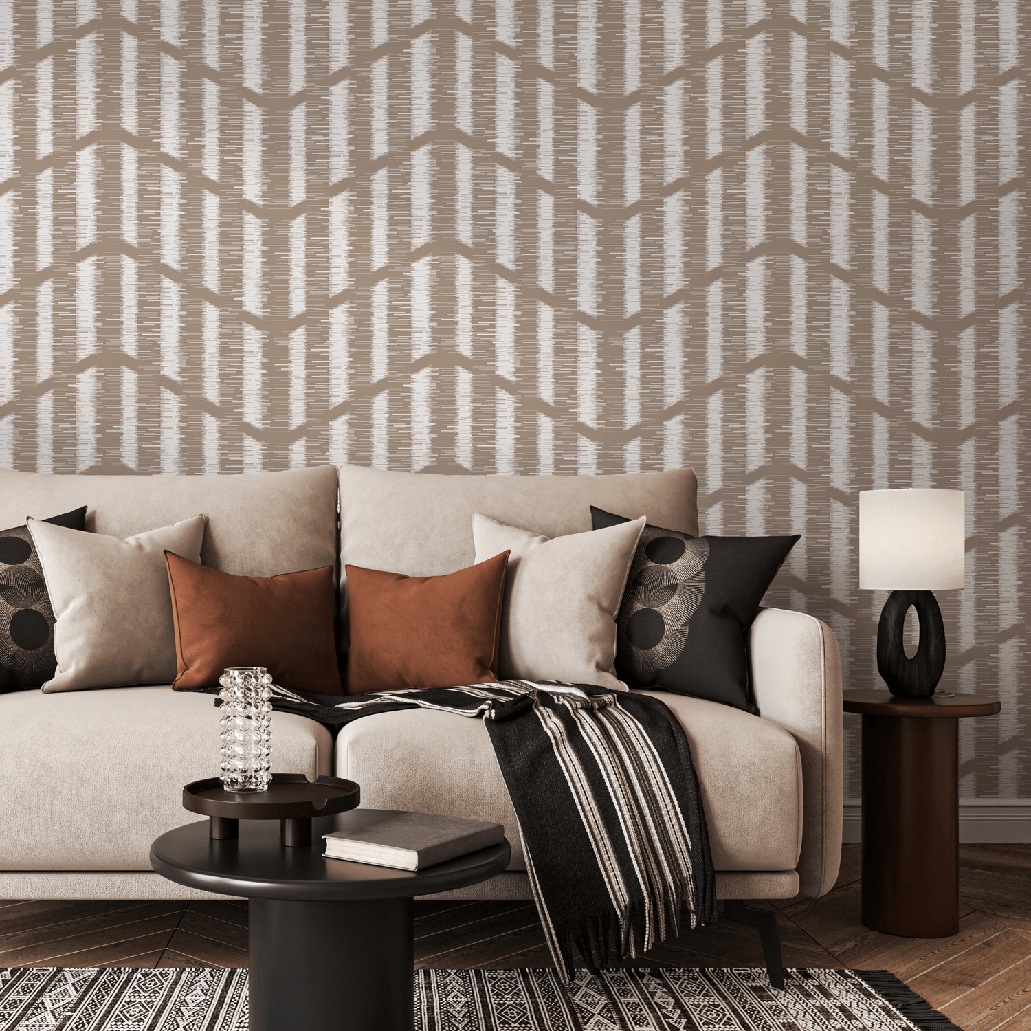 Abstract Wallpaper with a Textured Zigzag Motif in Beige and Off-White - C759