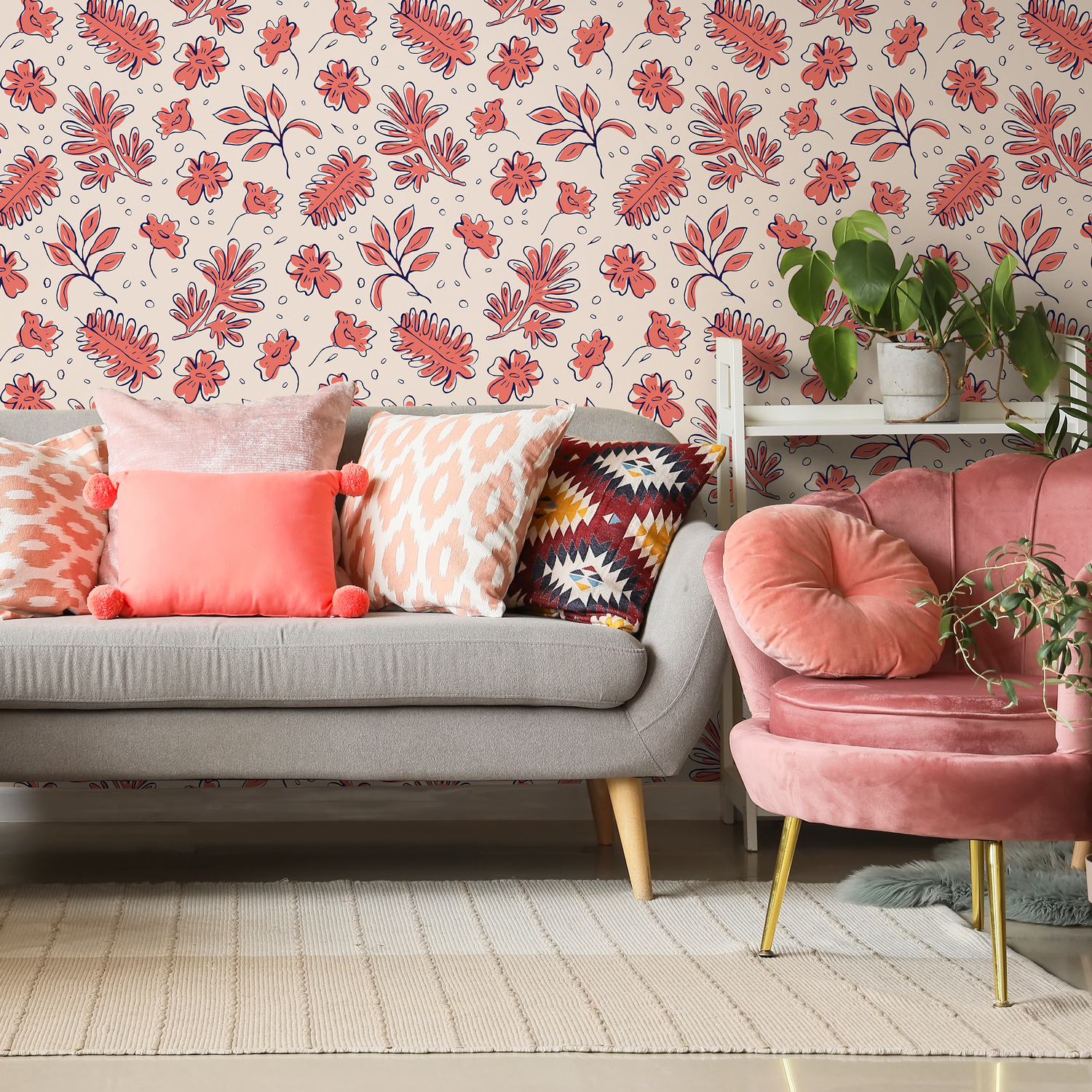 Papel pintado floral rosa y beige / Papel pintado autoadhesivo, papel pintado removible, decoración del hogar, arte de pared, decoración de habitaciones - C767